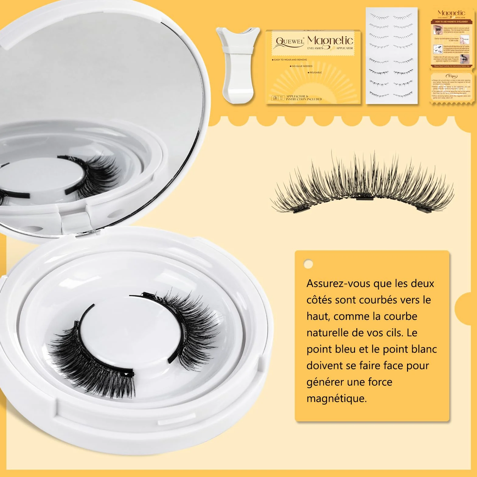 QUEWEL Faux Cils Magnetique Naturel Réutilisables avec Applicateur K-04