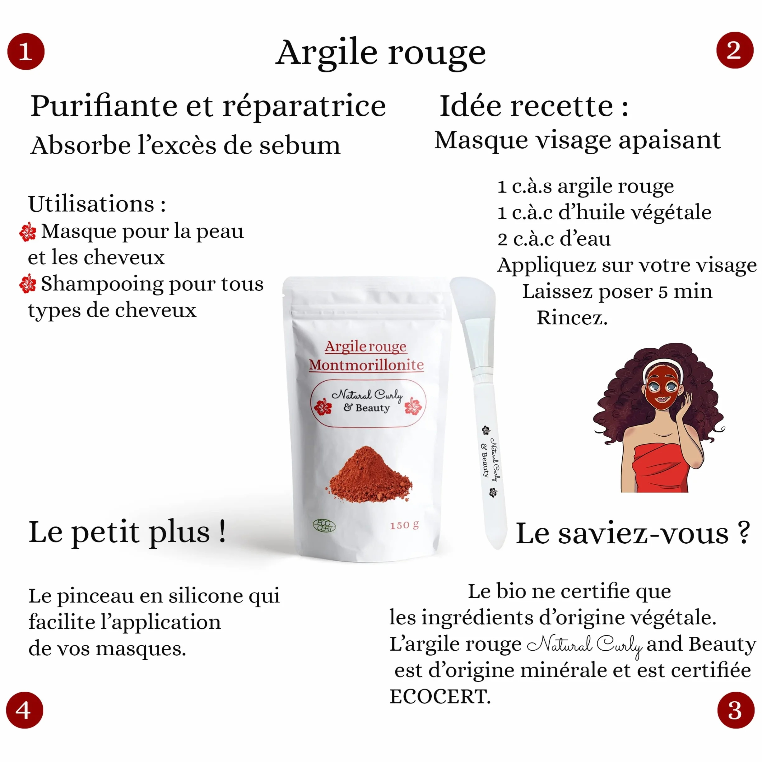 Argile rouge montmorillonite ECO-CERT avec pinceau en silicone - Nettoie les pores en profondeur, hydrate et adoucit la peau