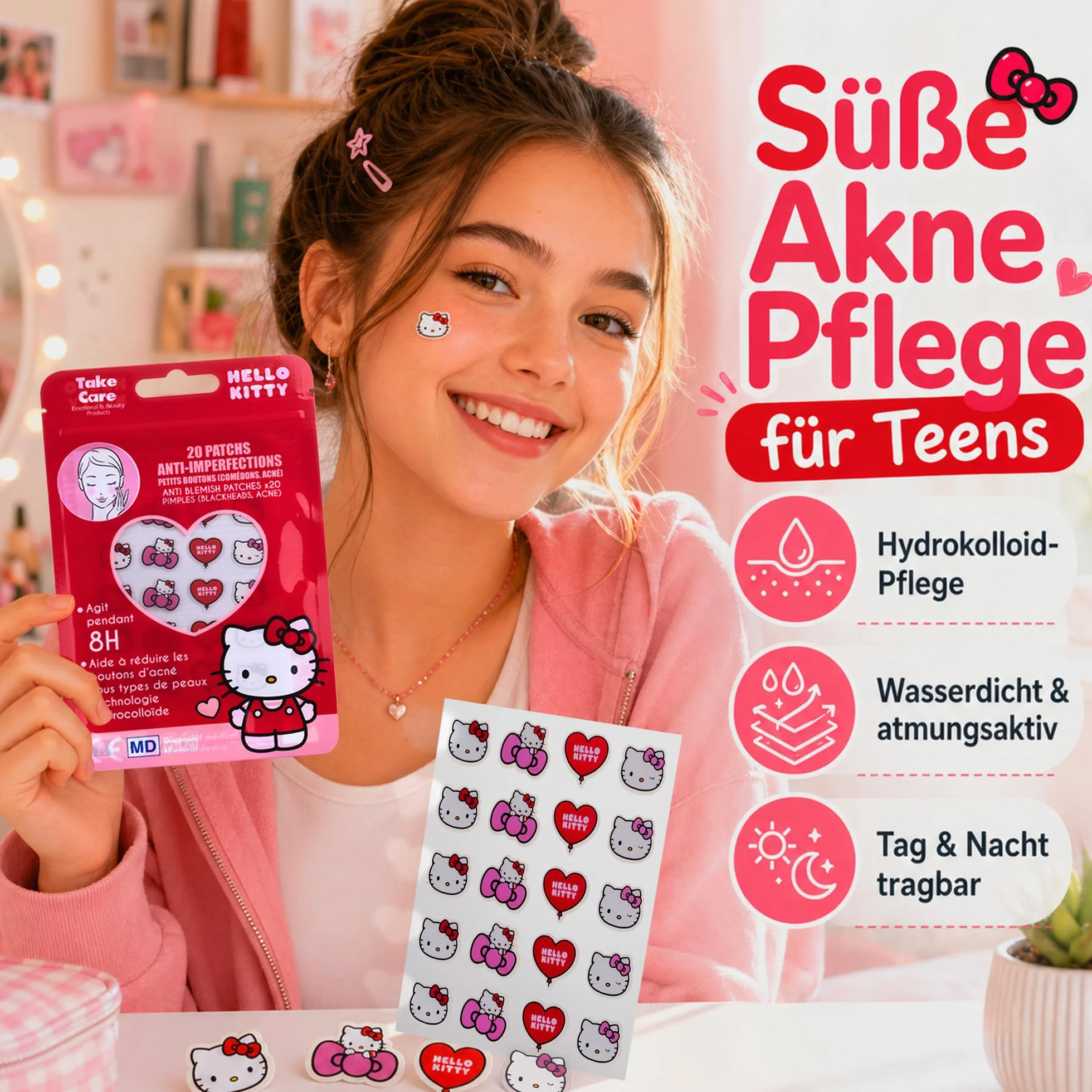 Hello Kitty Patch Bouton Hydrocolloïde 20 pcs – Anti Acné Visage Jour Nuit – Pimple Patch Absorbe Sébum Point Noir Nez Design Cute