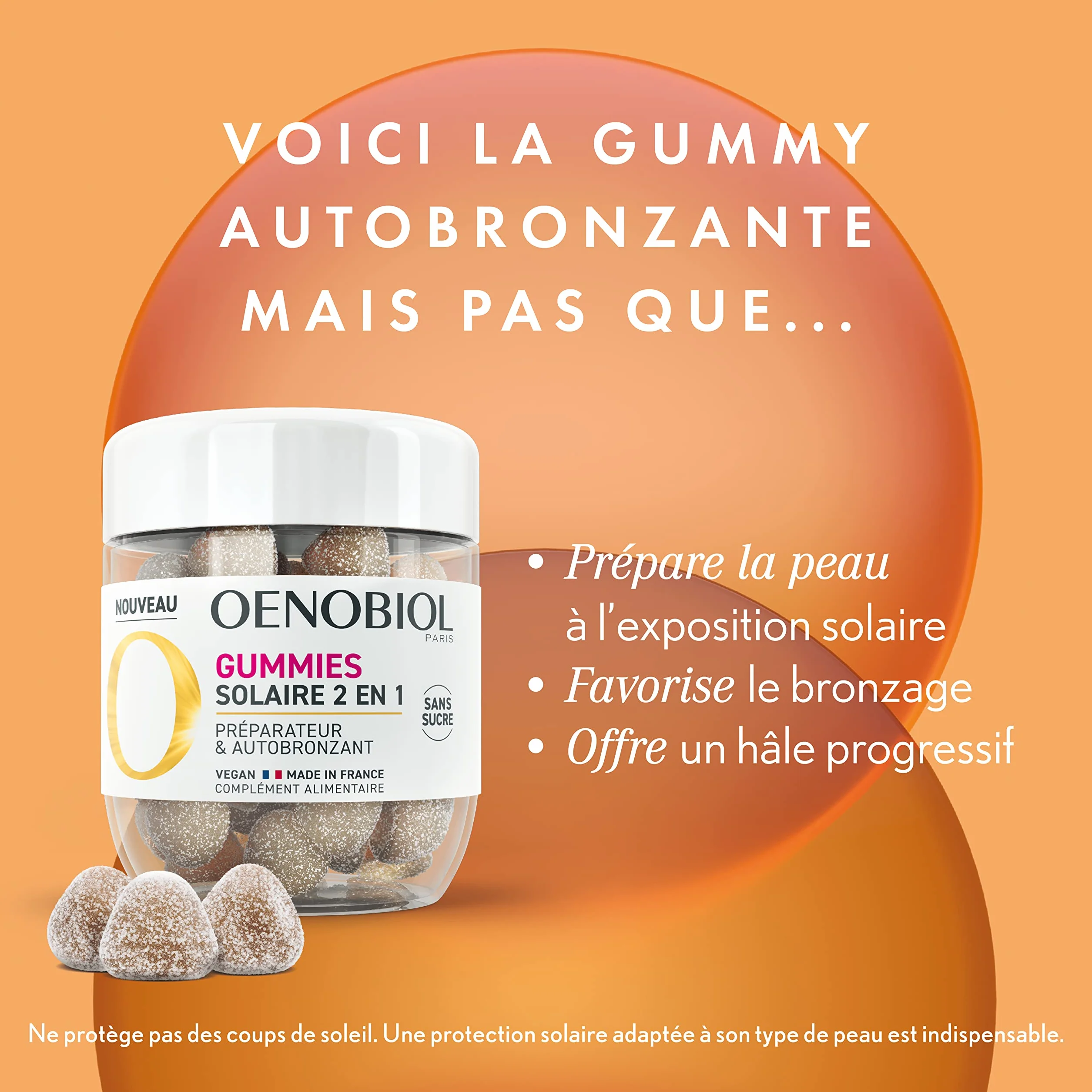 OENOBIOL Solaire 2 en 1 Gummies - Préparateur Solaire Autobronzant - Complément Alimentaire 1 Mois 60 Gummies - Sans Sucre Vegan