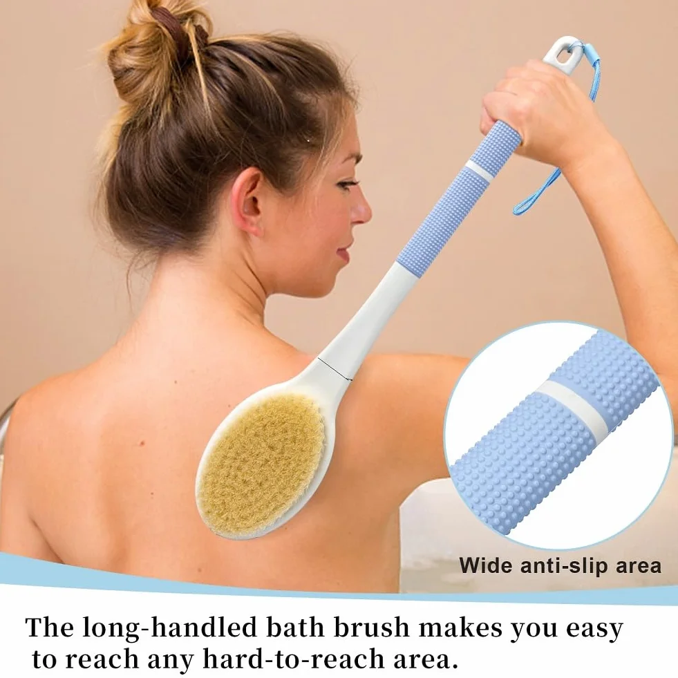 HORJOR Brosse de Bain Douche Long Manche 44cm, Brossage Dos Humide ou Sec, Brosse Corps, Exfoliation douce