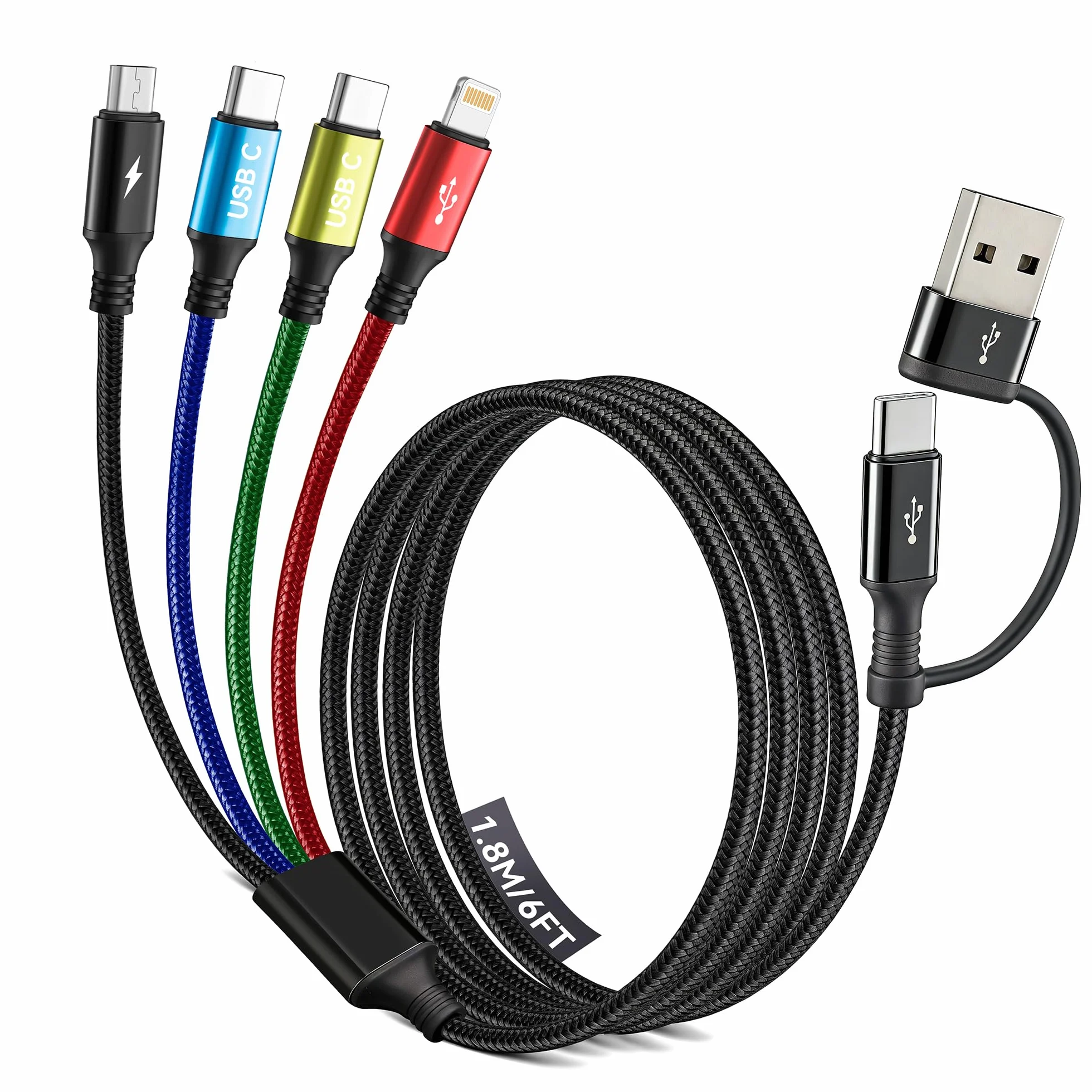 Minlu Câble de Charge Double Type C, Multi USB 4 en 2 [3,5A 1,8M] Charge Rapide USB A/C vers 2*USB-C+Lightning+Micro pour iPhone/Galaxy/Android/Tablette