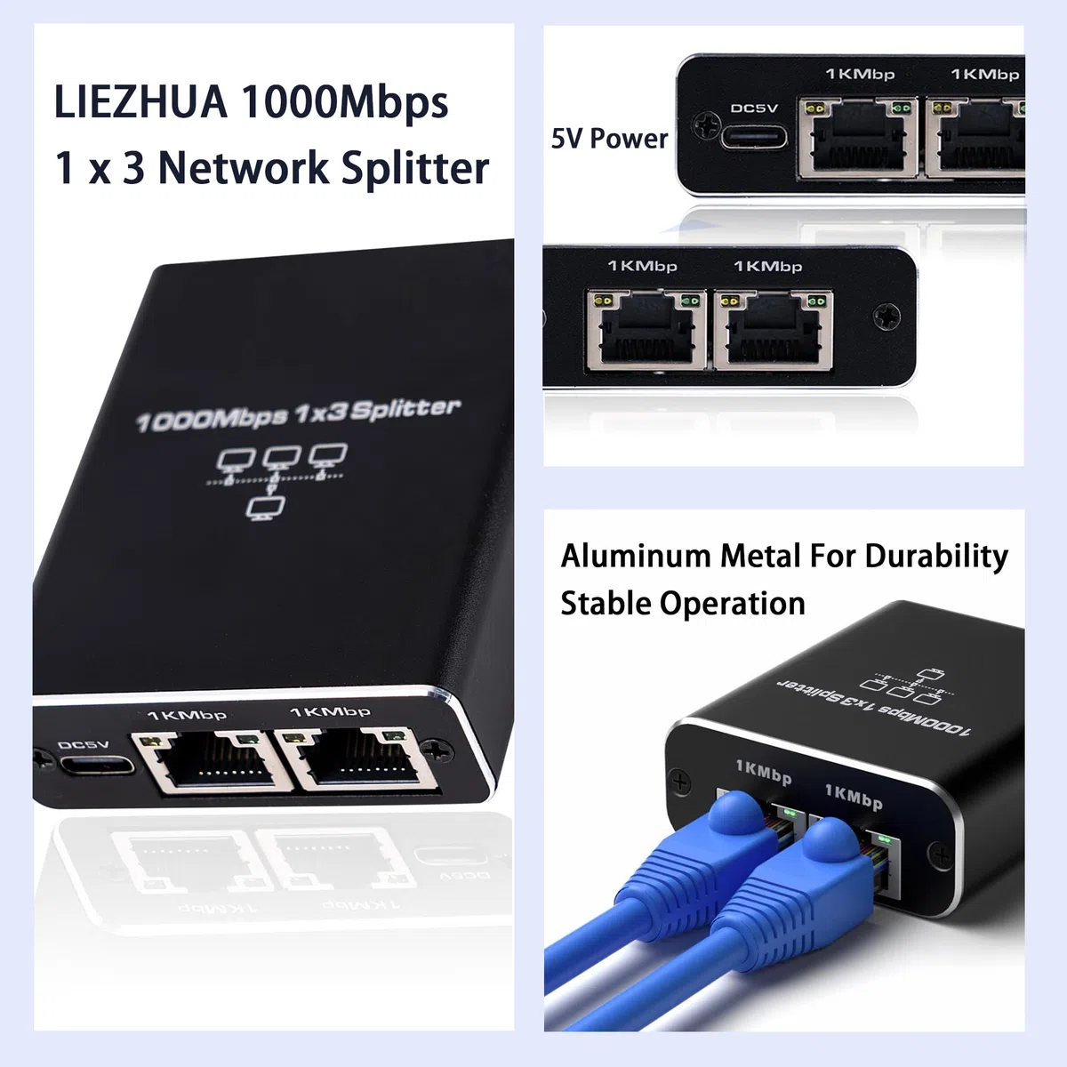 LIEZHUA Répartiteur Ethernet 1 vers 3, 1000 Mbps haute vitesse Ethernet avec câble LAN Cat 6 [3 appareils réseau simultané], extension de réseau LAN Gigabit RJ45 pour câble Cat8/7/6/5e/5