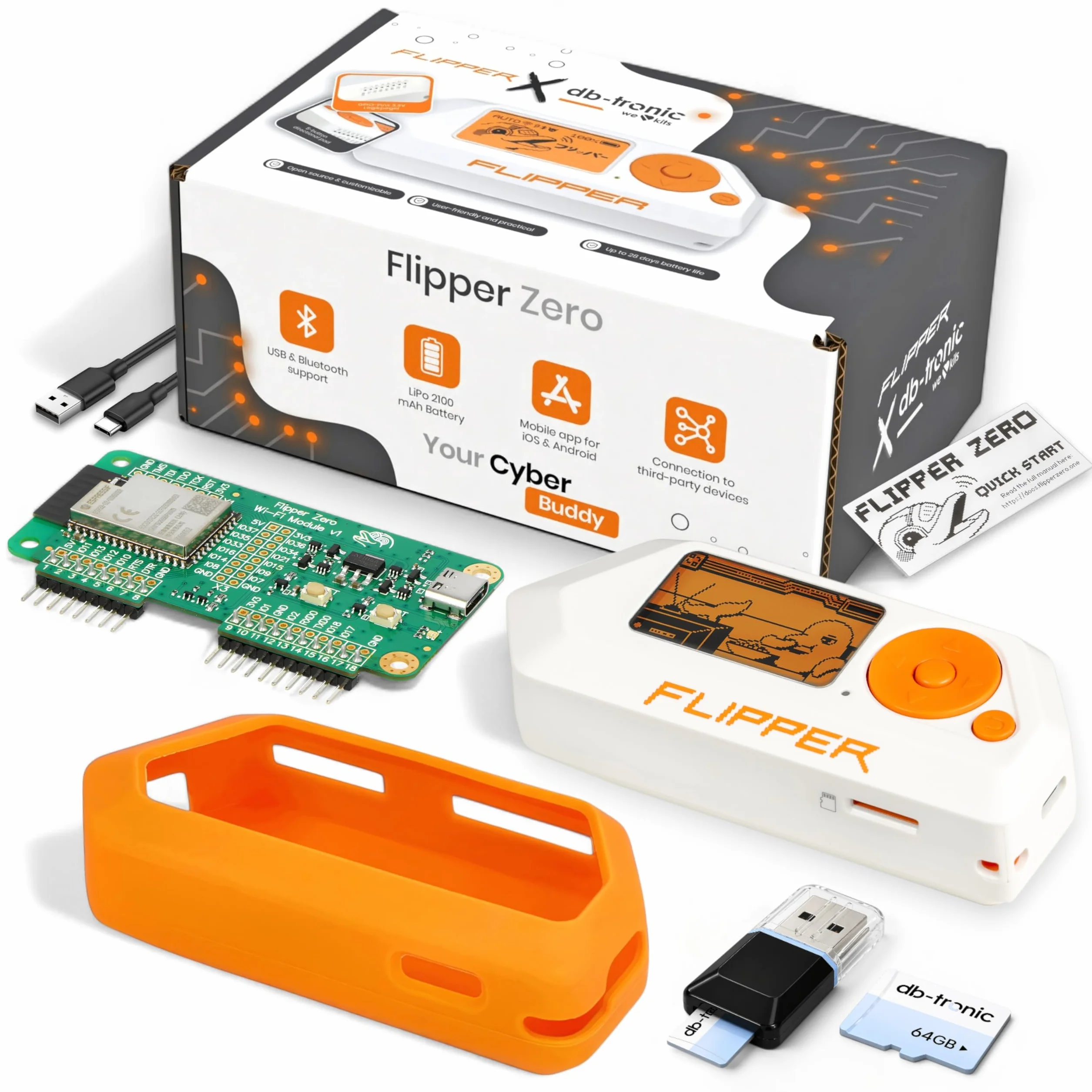 Flipper Zero Starter Kit Complet avec Carte WiFi, Coque Silicone, 64 Go Carte Mémoire et Lecteur USB