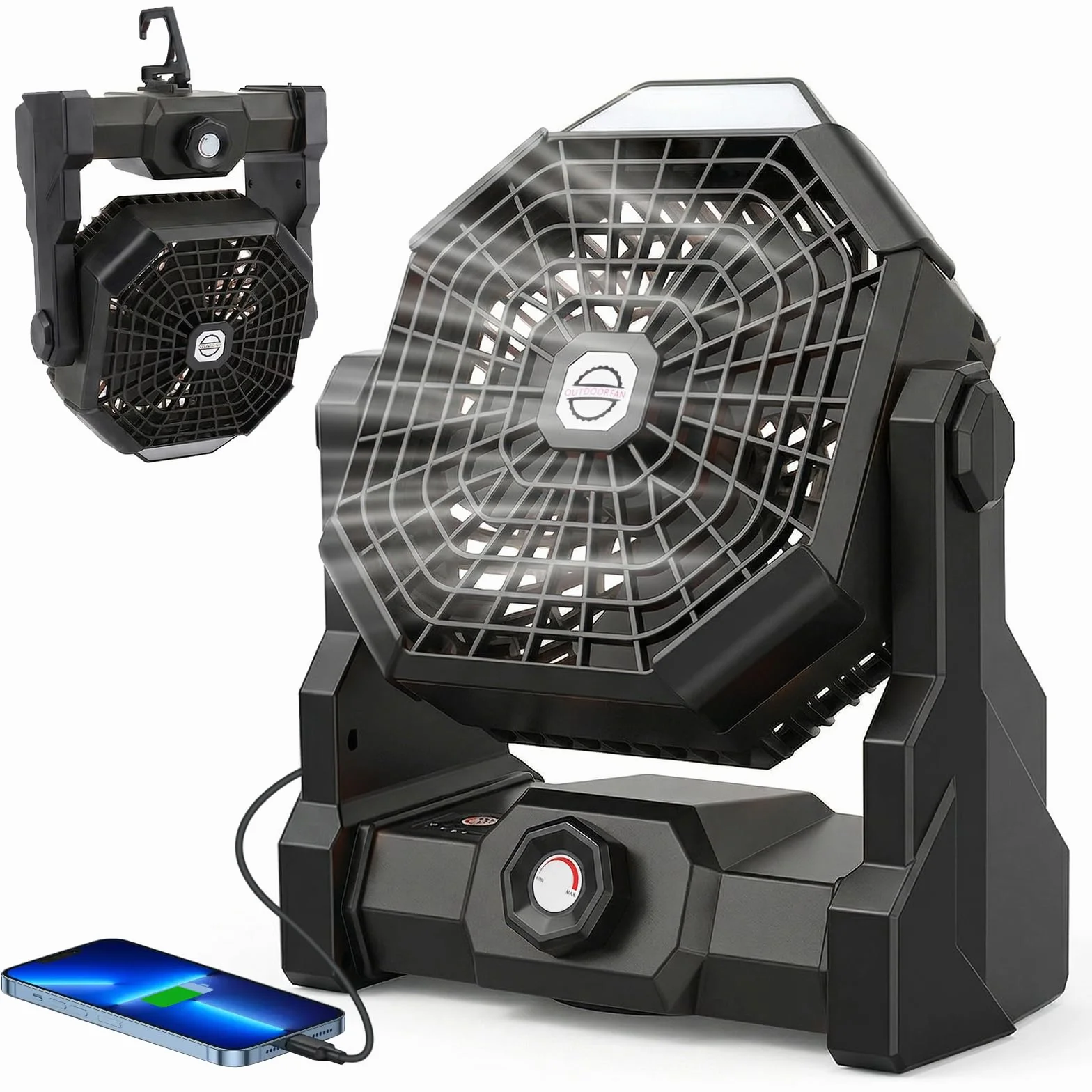 Qoosea Ventilateur de Camping Portable 24000mAh 3 en 1 avec Lumière LED 4 Vitesses