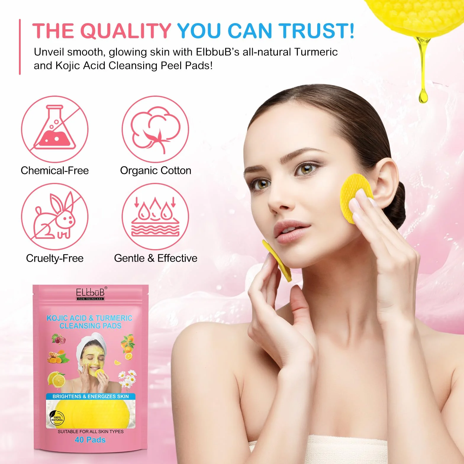 Pads Nettoyants à l'Acide Kojique et au Curcuma - Illumine et Revitalise la Peau, Nettoie en Profondeur, Élimine l'Excès de Kératine