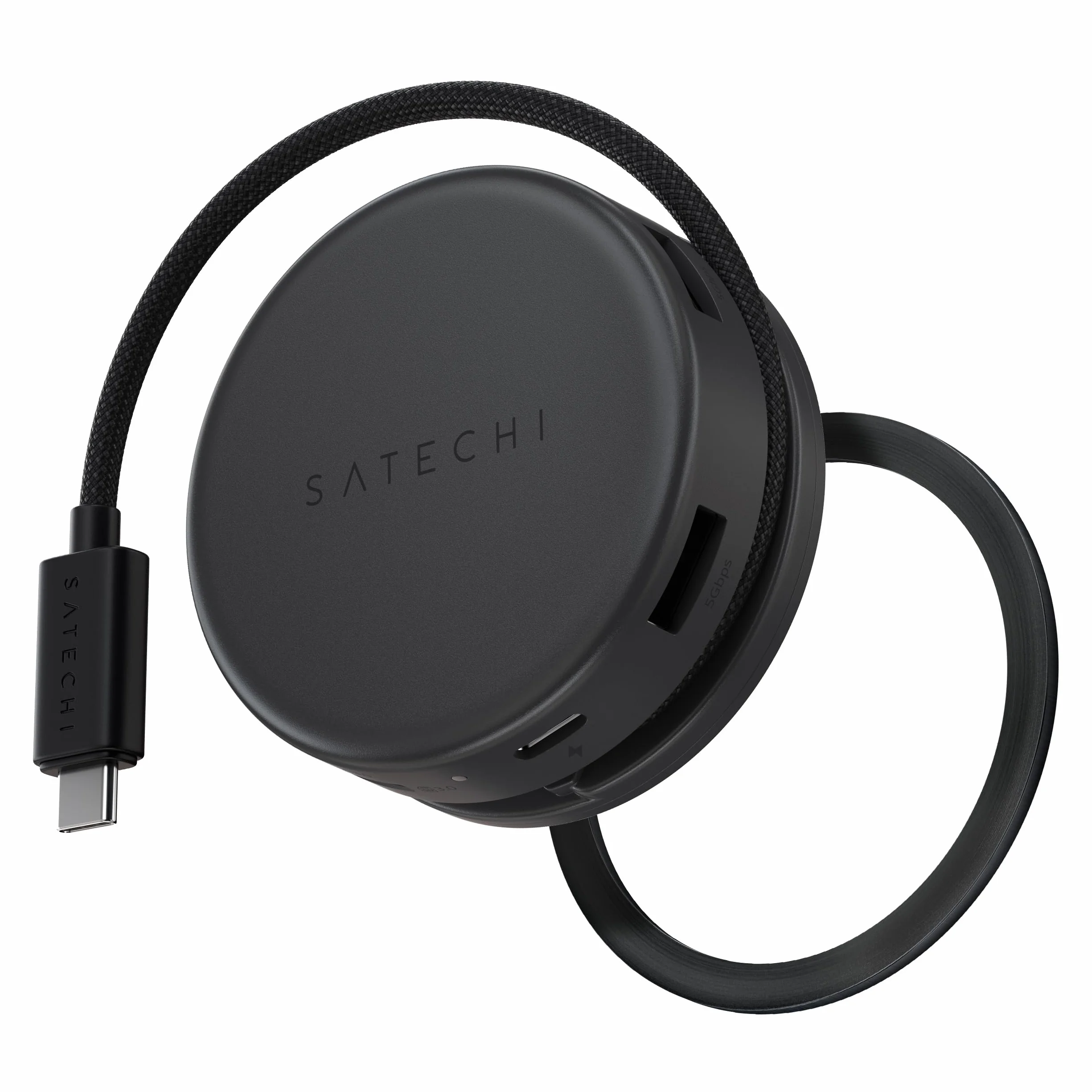 SATECHI 7 en 1 OntheGo Hub USB-C Magnétique, 100W PD, 4K HDMI, Noir | Câble enroulable intégré, fixation magnétique, 4K@60Hz, Ethernet, 2x USB-A 5Gbps, SD/microSD, pour Mac, Windows et plus