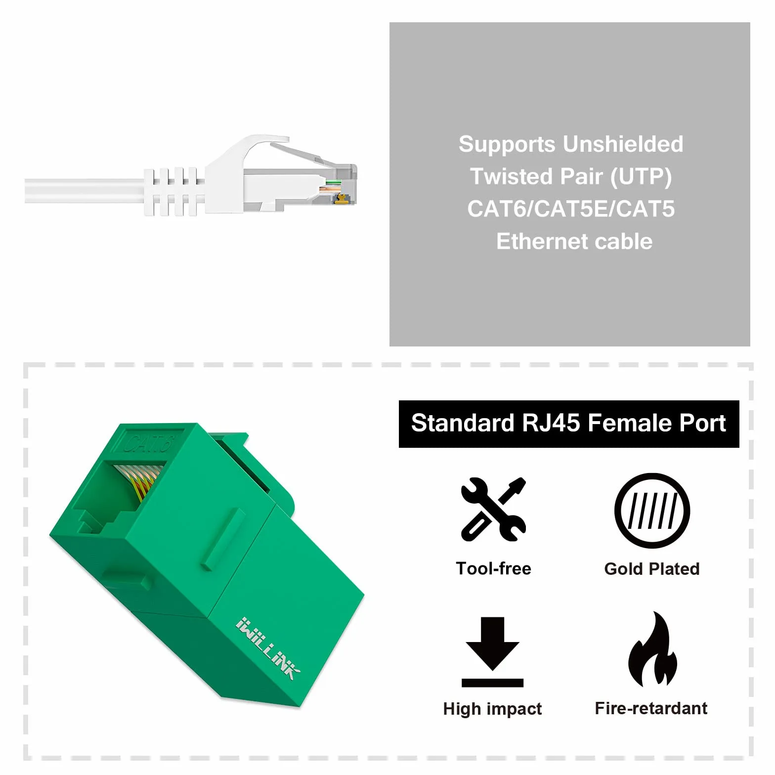 iwillink Lot de 25 coupleurs Keystone RJ45 Cat6 femelle vers femelle Cat6, coupleur Keystone UTP, prise Keystone, coupleur Ethernet, vert