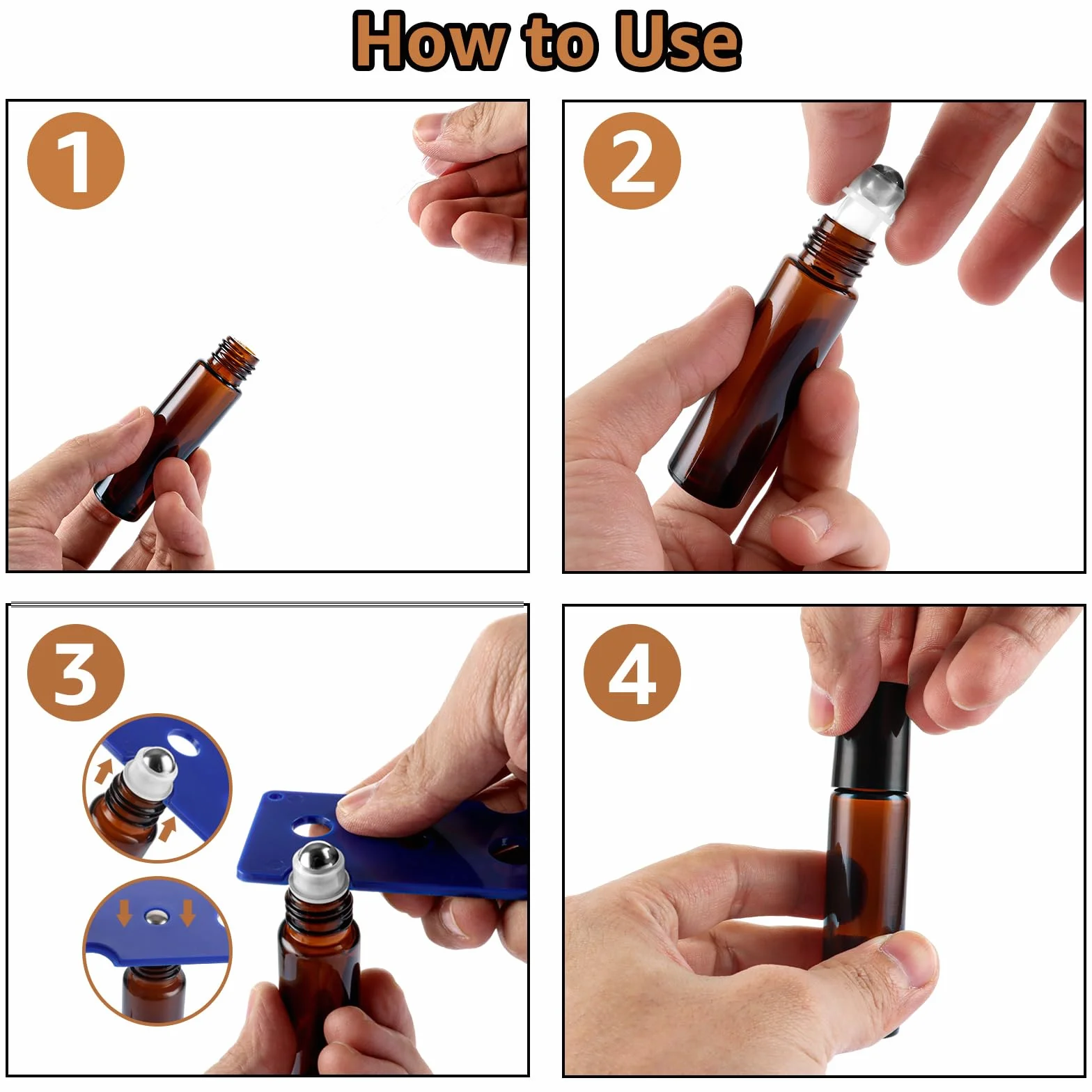 Huiles essentielles Roller bouteilles en verre 10ml vide brun Roll-on avec entonnoir pipettes