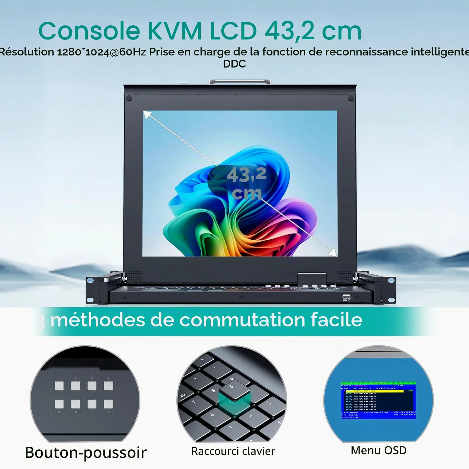 MT-VIKI 1U 17 pouces LCD Console KVM 8 ports KVM VGA Switch Rackmount avec console intégrée pour armoire 1U 600-800mm Touchpad clavier tiroir Hotkey OSD