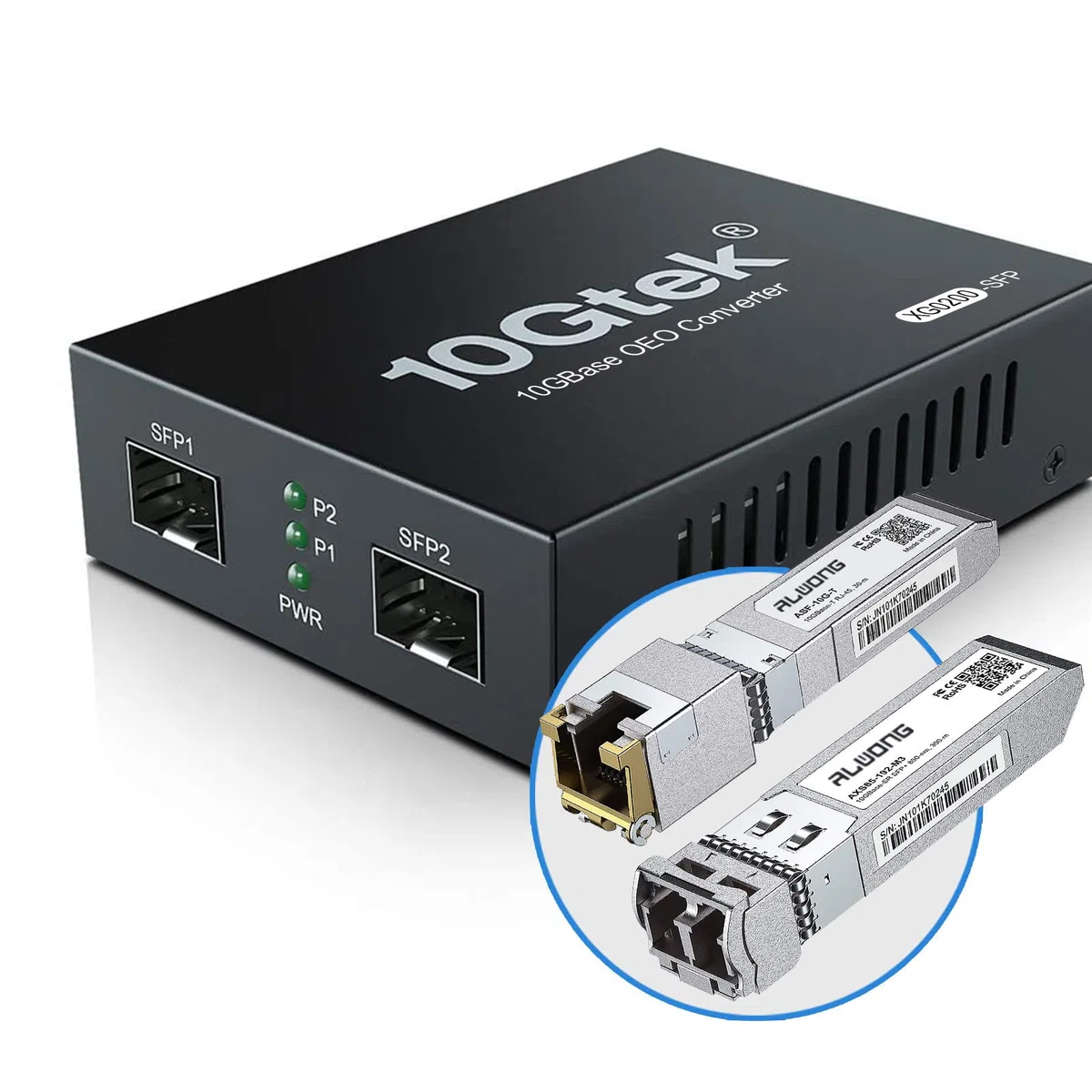 Convertisseur de médias 10G SFP+ (Kit #31) avec émetteur-récepteur à fibre optique 10GBase-T portée 30 mètres et module fibre 10GBase-SR (300 m, MMF, 850 nm)