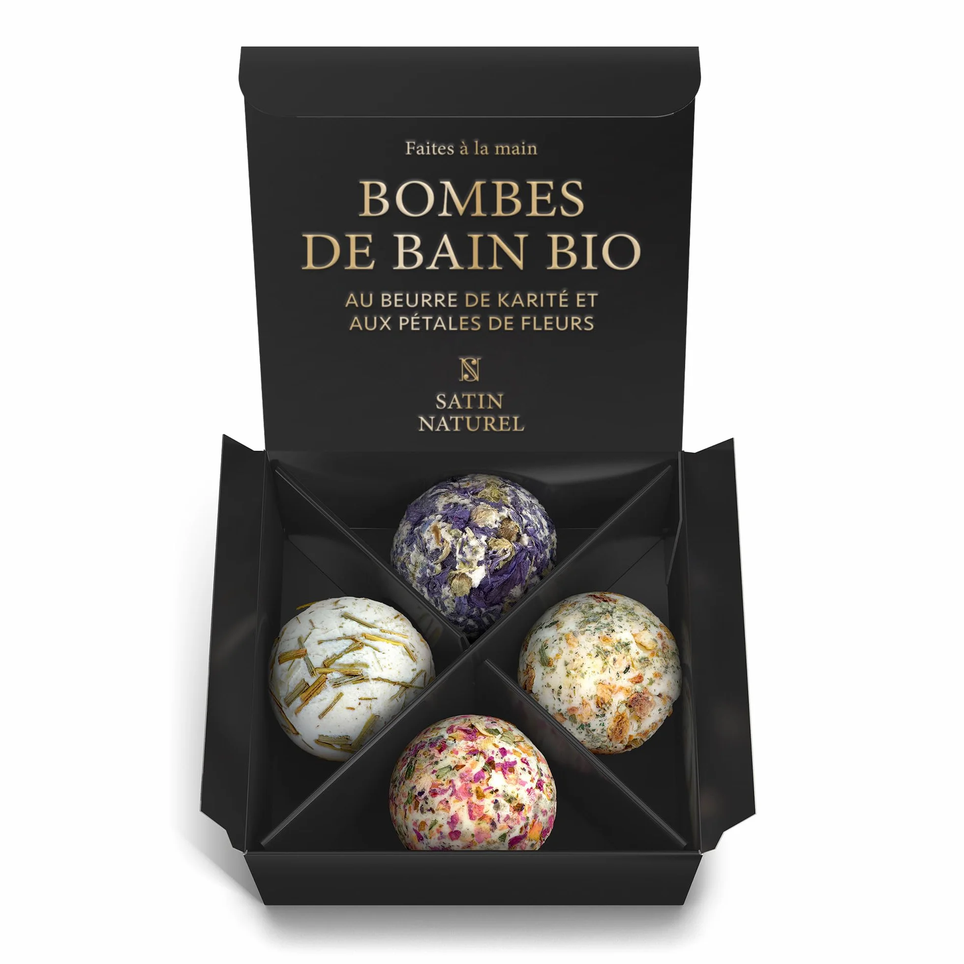 Satin Naturel Coffret 4 Bombes de Bain BIO Luxueuses Vegan – Cadeau Bien-Être pour Femme