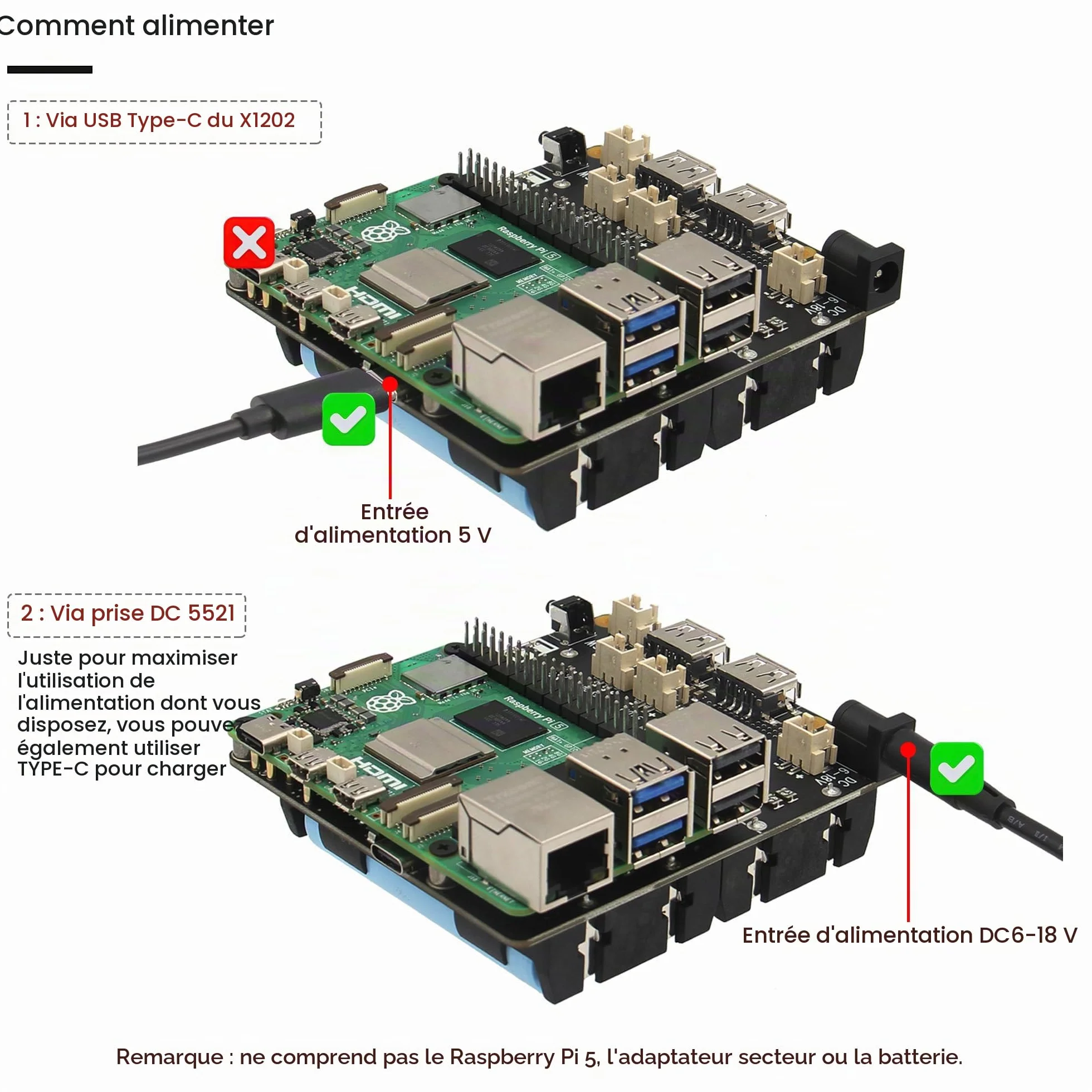 Geekworm Raspberry Pi 5 UPS X1202, 4-Cell 18650 UPS 5.1V 5A Output, 6-18V Input