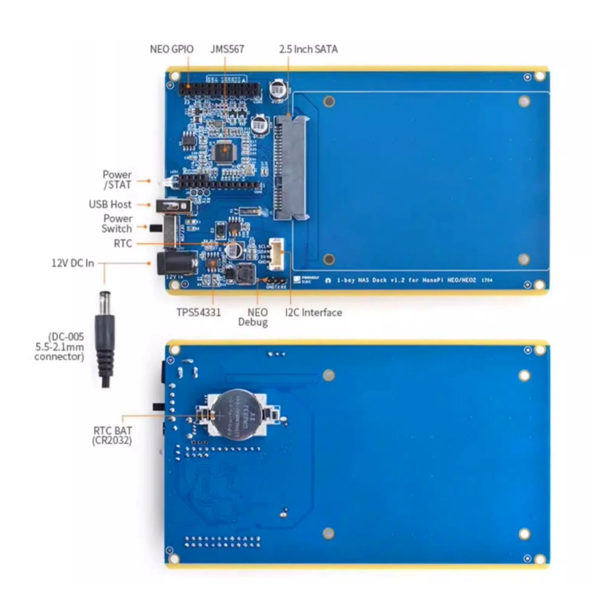 Station de stockage réseau NAS pour NanoPi NEO/NEO2, 2,5" SATA, hôte USB, RTC, 12 V DC, interface I2C, bleu, 151 x 76,4 x 28 mm (kit de base NEO-NAS)