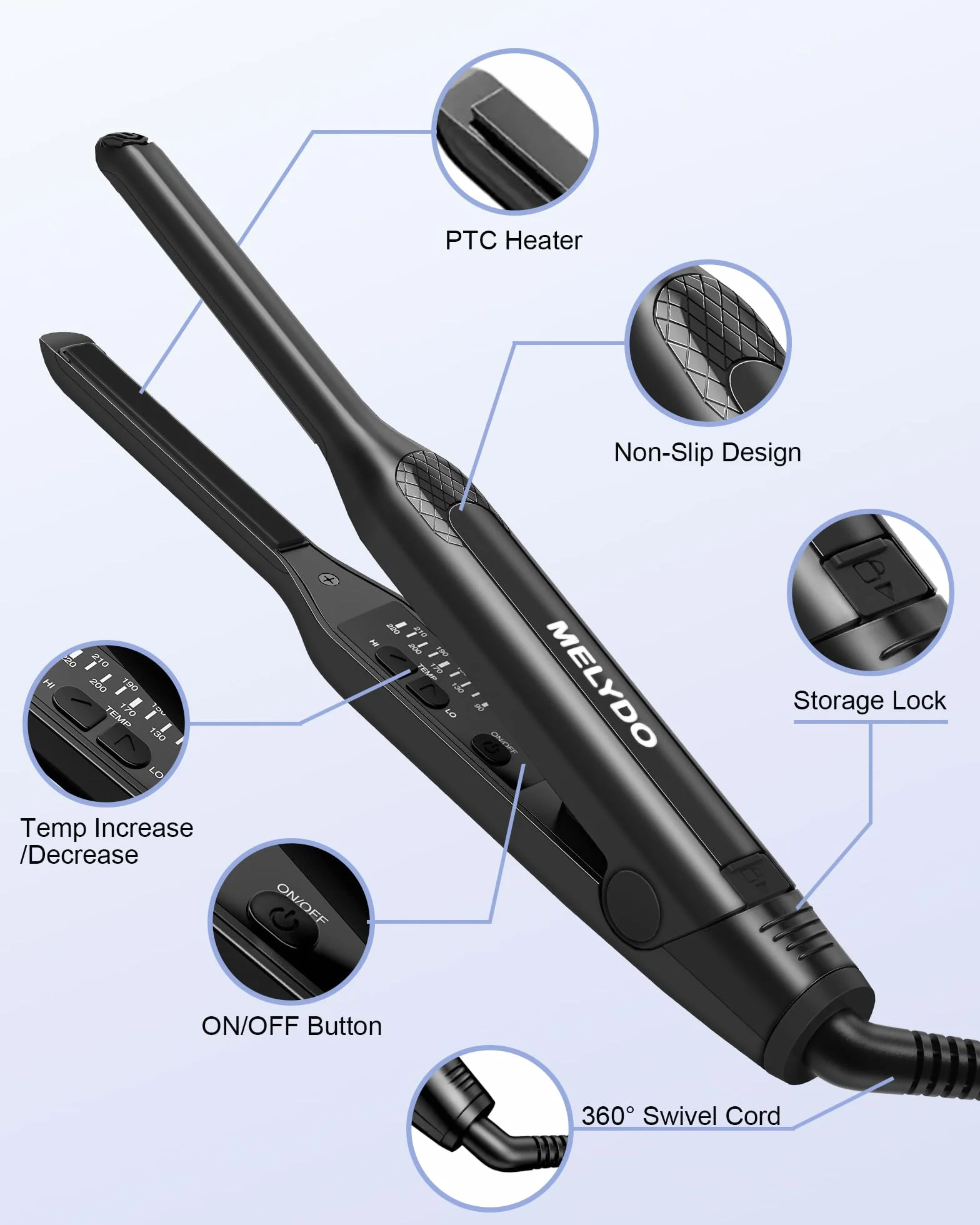 Mini Lisseur Cheveux Courts 2 en 1, Fer à Lisser et Boucler 3/10 Pouce, 9 Températures 90-220°C, Chauffage Rapide 15s, Double Voltage Voyage