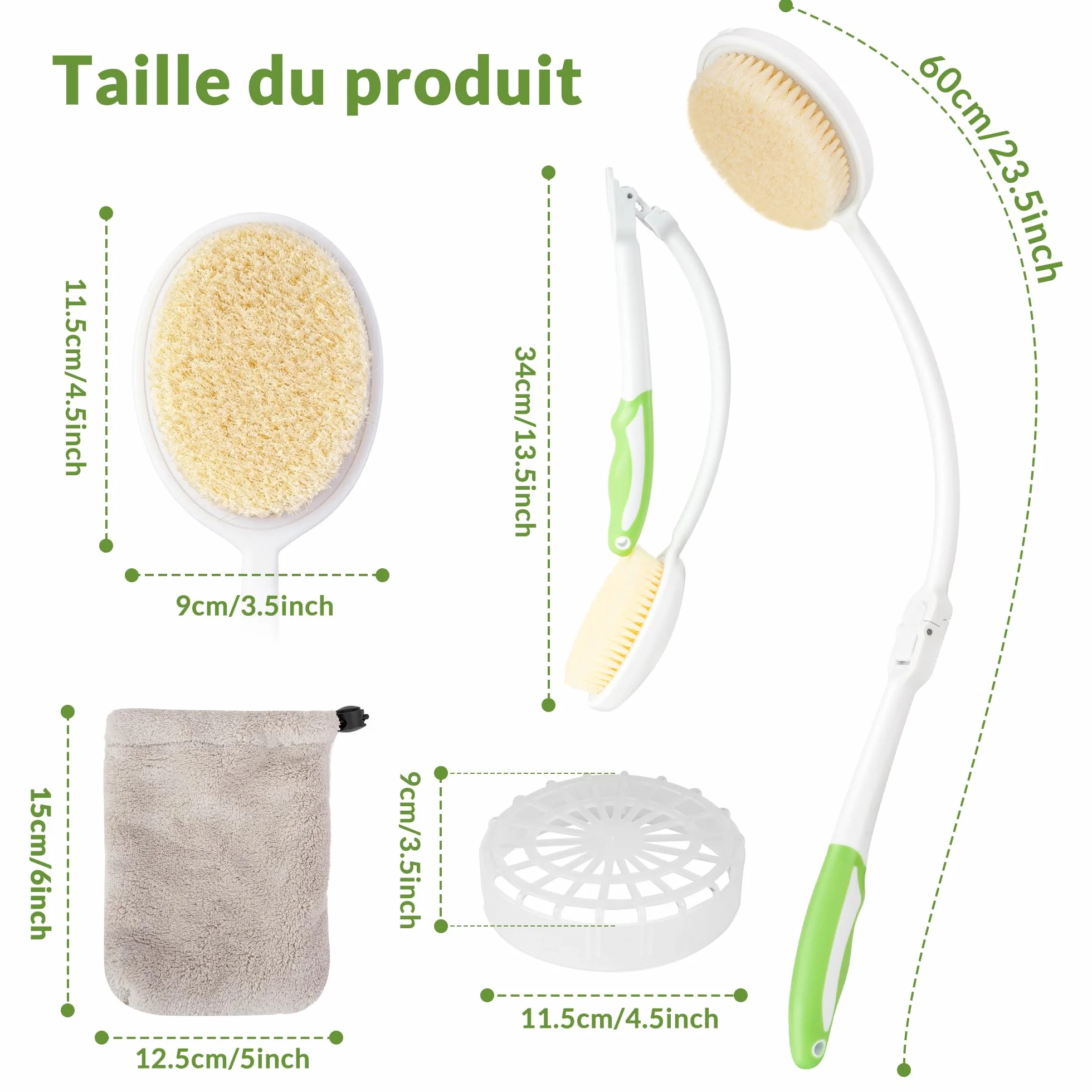 Brosse Dos Douche Pliable Long Manche – Brosse Douche Dos Poils Souples Serviette Incluse Ergonomique Nettoyage Corps Entier