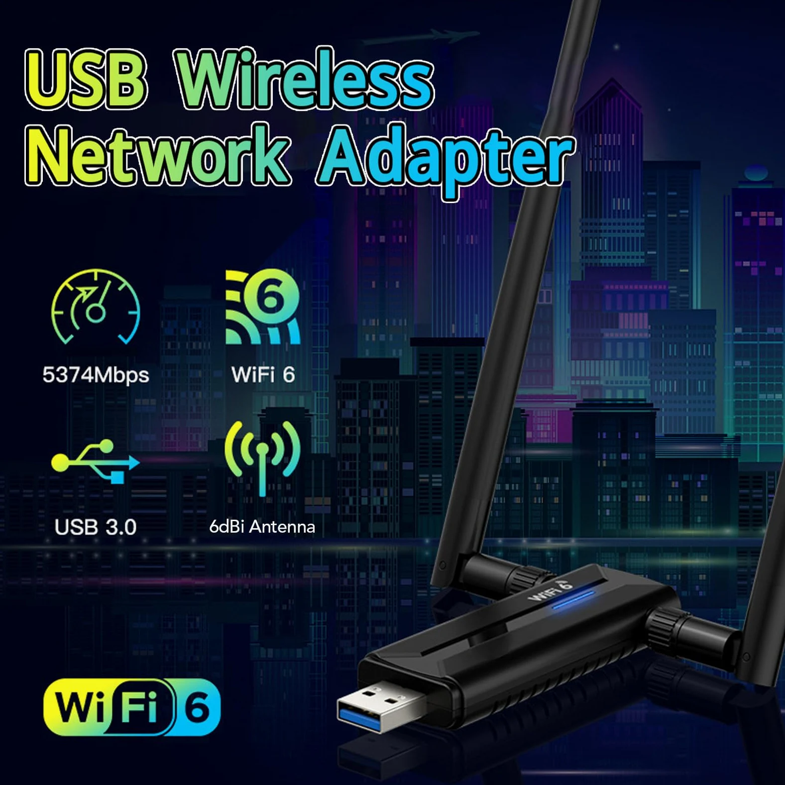 Adaptateur WiFi 6 USB3.0 pour PC, Adaptateur WiFi AX5400M Triple Bande 6 GHz 5 GHz 2,4 GHz, Adaptateur Réseau sans Fil avec 2 Antennes 6 DBi, Prend en Charge 11, 10