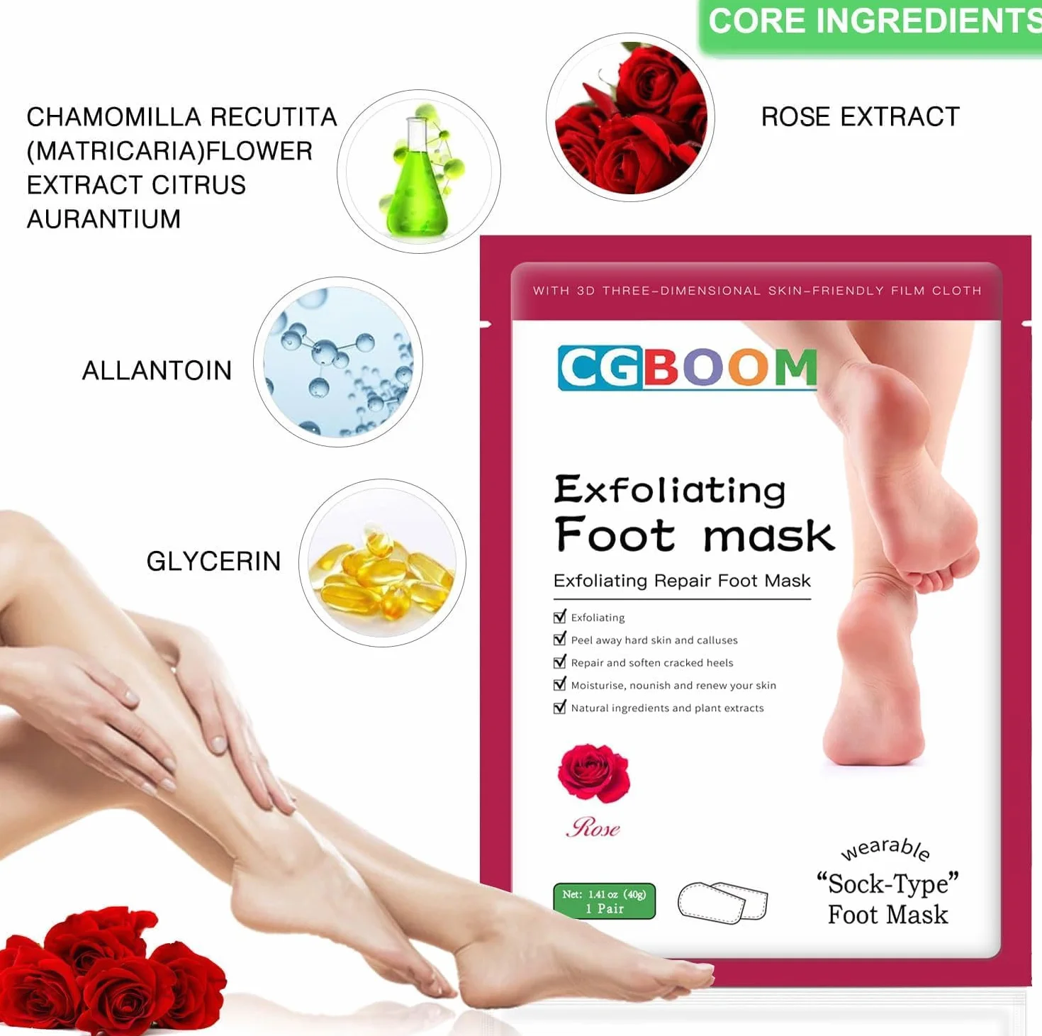 Lot de 3 paires de masques pour les pieds - Soin des callosités et des peaux mortes - Masque anti-âge exfoliant - Pour femmes et hommes - Rose classique
