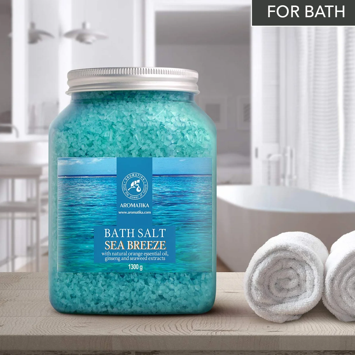 Sel Marin avec Huile Essentielle de Orange - Extraits de Ginseng & Algues - Sel de Bain Brise Marine 1300g - Relaxation - Soin du Corps