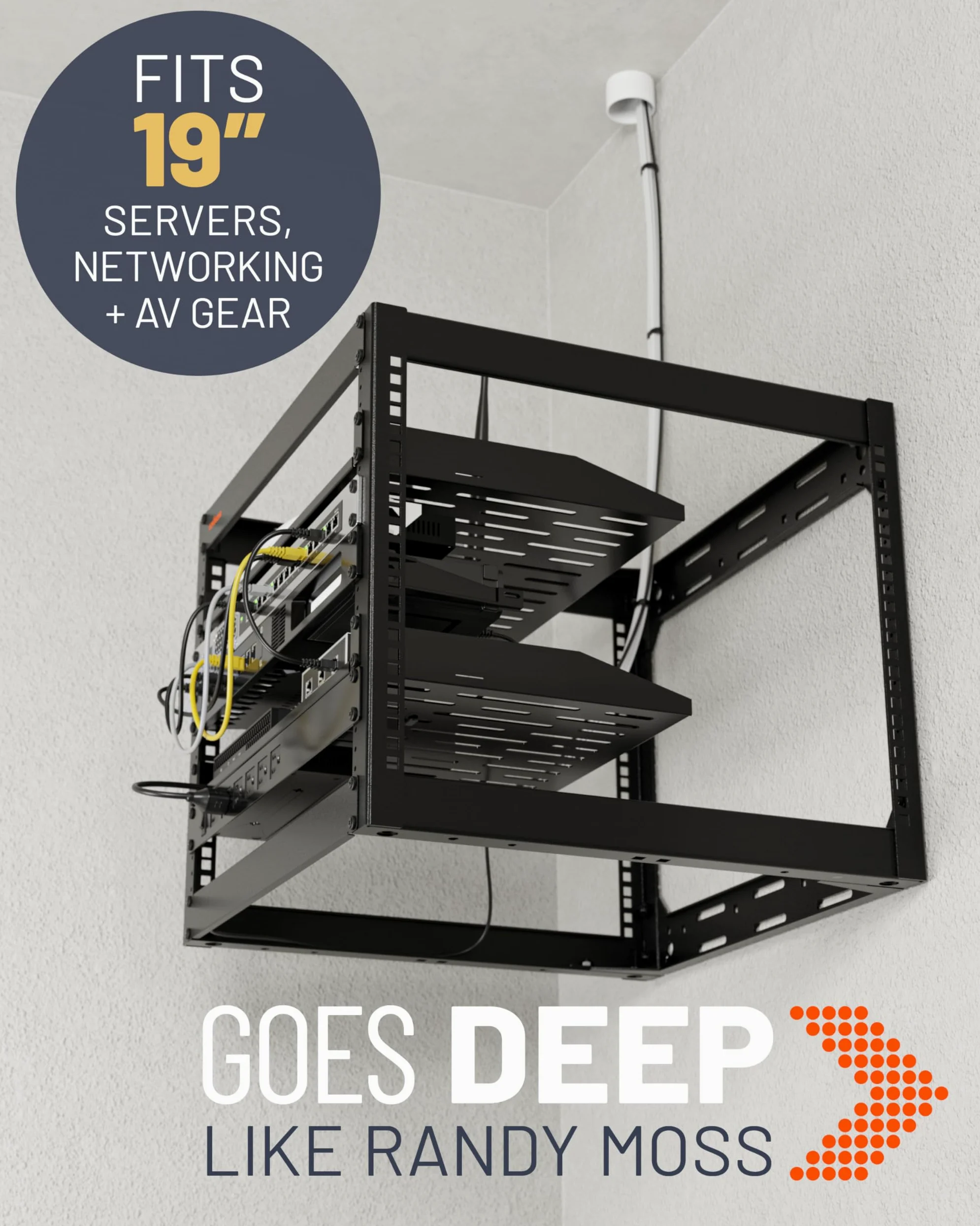 ECHOGEAR Rack réseau 10U – Fixation Murale Robuste à 4 Montants pouvant contenir Tous Vos équipements réseau et AV – Cadre Ouvert avec 2 étagères ventilées 1U et matériel de Montage