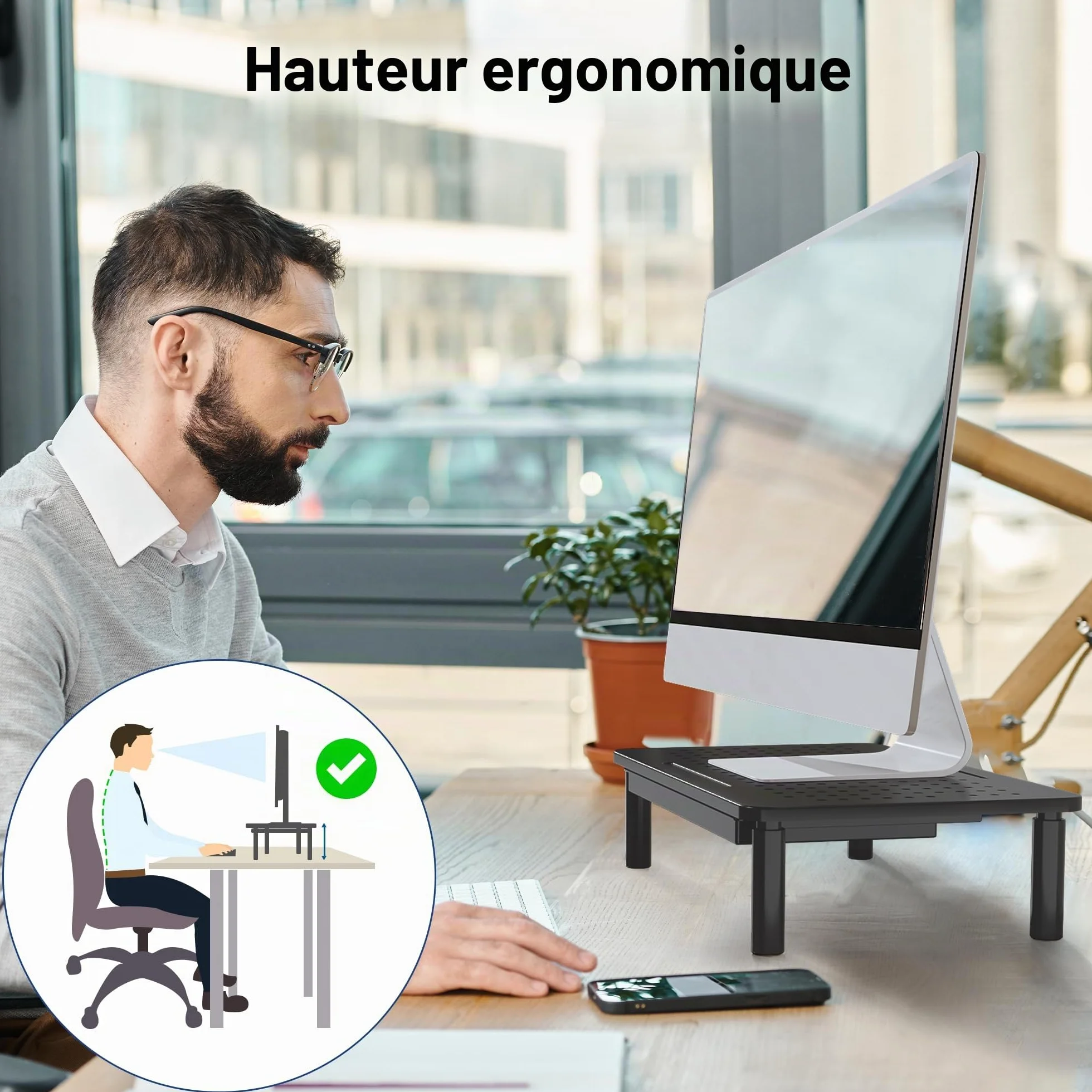 BONTEC Support Moniteur avec Tiroir, 3 Hauteurs Réglables, Rehausseur Ecran Bureau, Plate-Forme Maille 20 kg