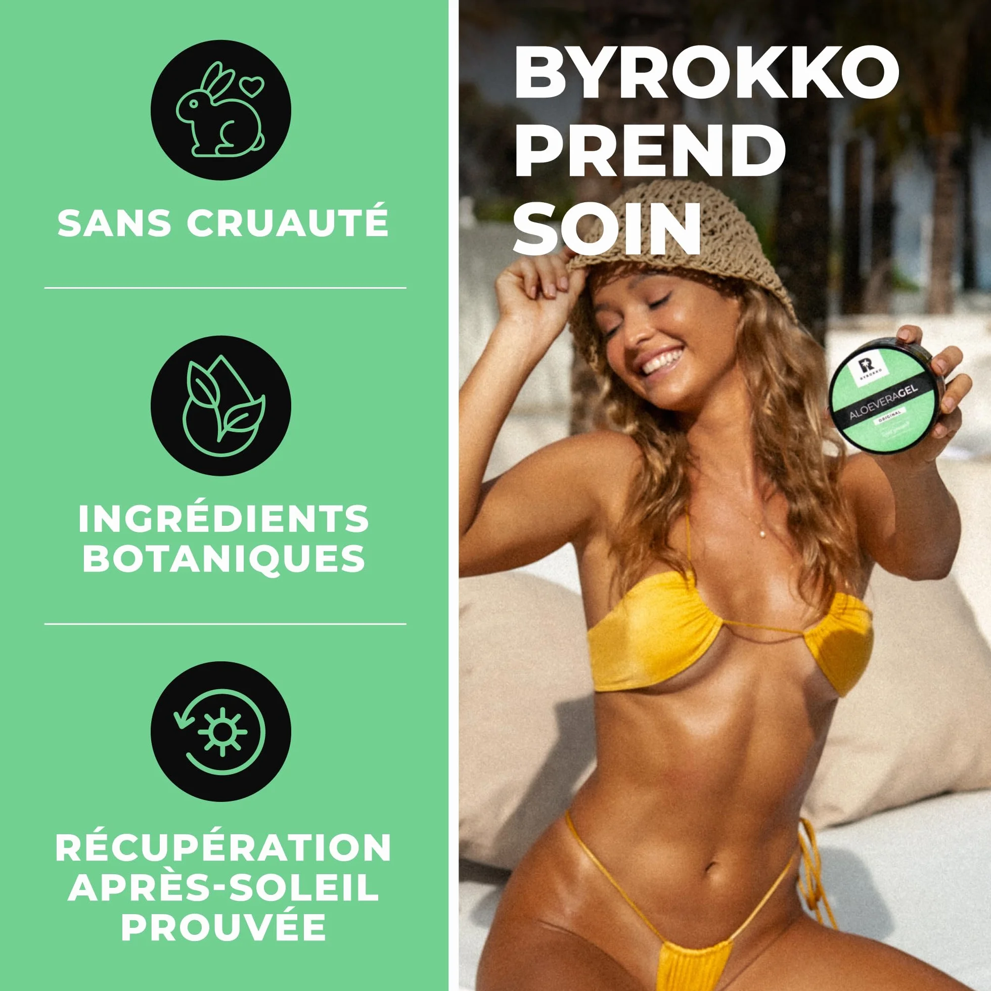 BYROKKO Gel d'aloe vera 215 ml - Gel après-bronzage rafraîchissant - Hydrate intensément, régénère et prévient l'exfoliation - Soin naturel après soleil