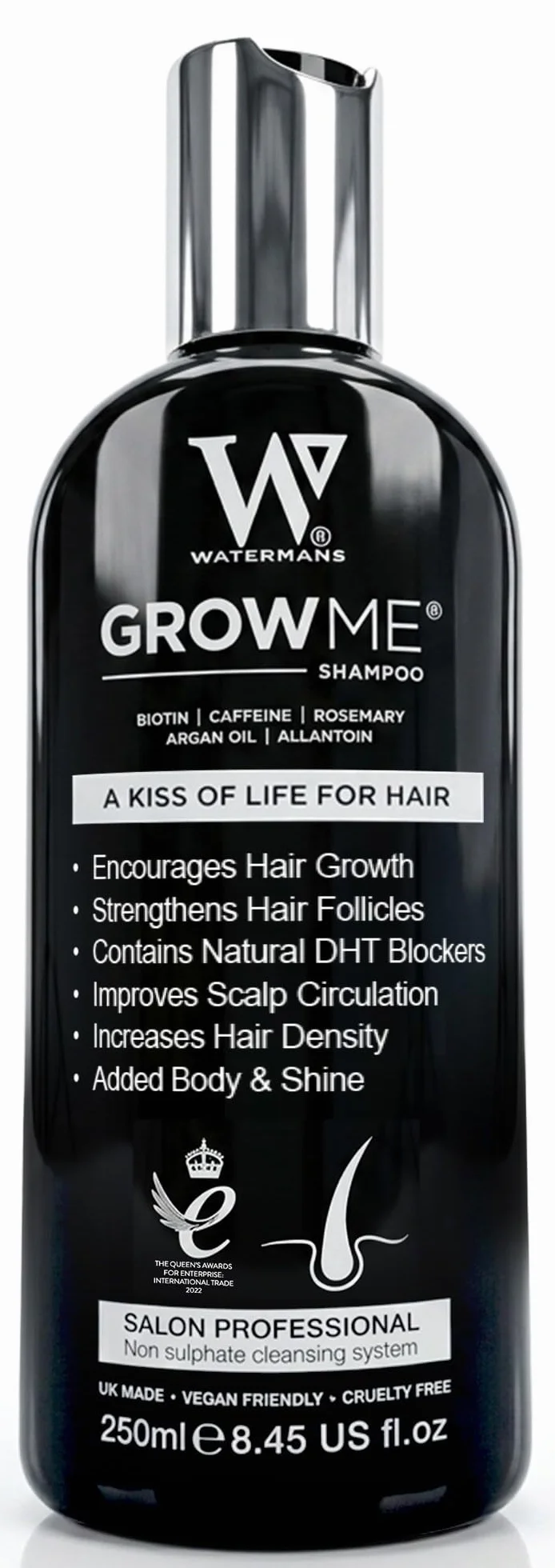 Watermans shampooing croissance capillaire sans sulfate caféine biotine huile d'argan allantoïne romarin