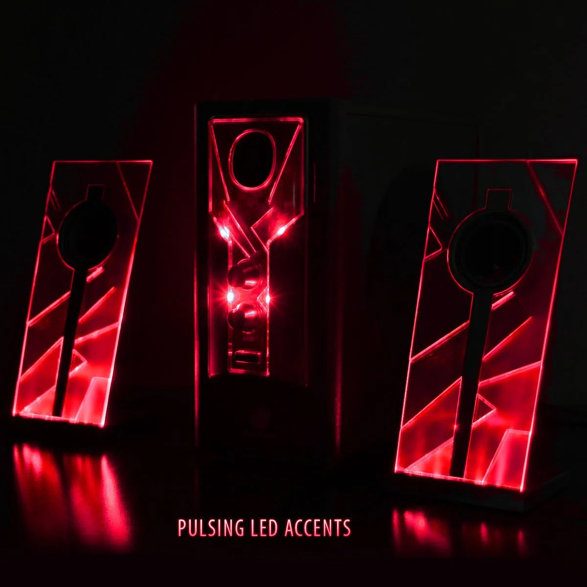 GOgroove BassPULSE Haut-parleurs stéréo 2.1 LED pour Ordinateur de Jeu avec lumières Rouges, Commandes des Basses et Caisson de Basses alimenté – Compatible avec PC, Mac, Ordinateur de Bureau,