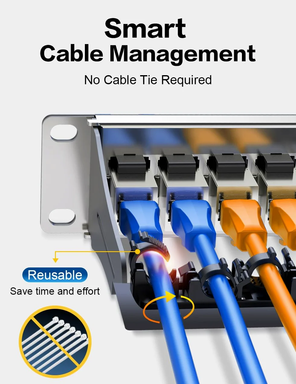 Panneau de brassage 24 ports Cat6A Keystone Panneau de brassage réseau avec câble intelligent (pas d'attache de câble nécessaire) Gestion pour montage en rack de 48,3 cm (blindé)