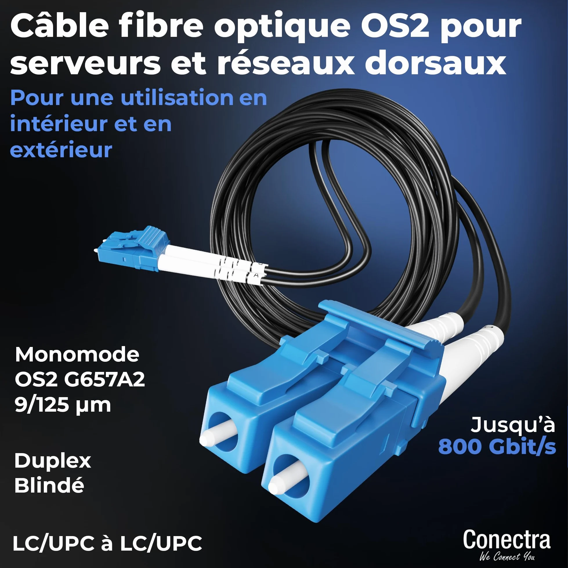 300m Câble Fibre Optique Blindé OS2 Duplex Breakout LC/UPC, Jarretière Optique Monomode G657A2 9/125, LSZH Intérieur/Extérieur, Rallonge Fibre Armée Cordon Patch Câblage Réseau ⌀3mm Noire