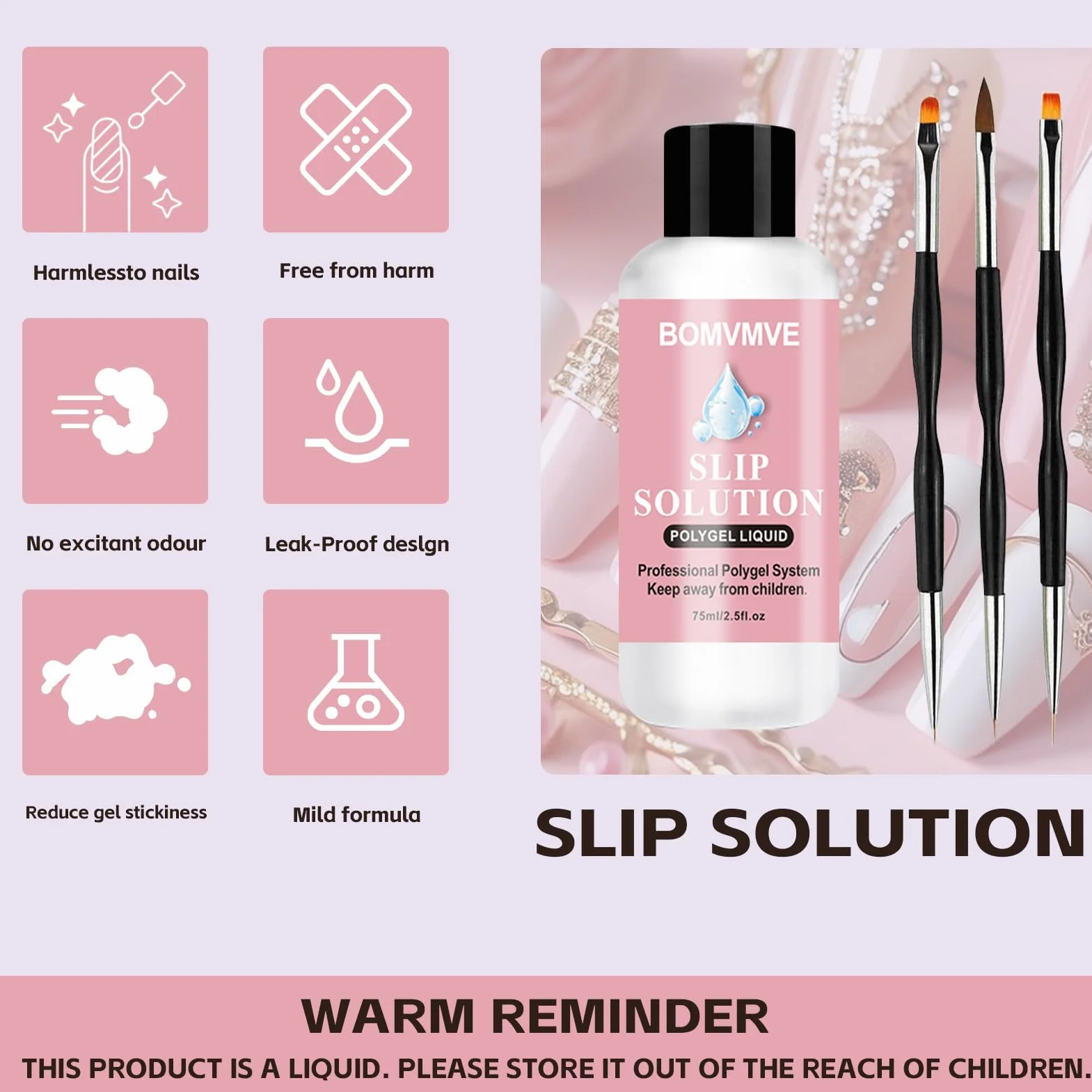 Slip Solution Polygel, Solution de Glissement pour Polygel Ongles, Kit Ongle Gel Anti-adhérence avec Pince, Brosse, Verre en Cristal et Lingettes