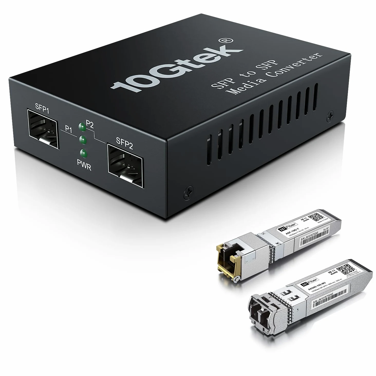 Convertisseur de média SFP+ 10G, double port SFP+, convertisseur fibre vers Ethernet avec module 10GBase-T et 10 Gigabit SFP+ SR, prend en charge CAT6.a/7 et câble fibre LC multimode, MMF, 850 nm,