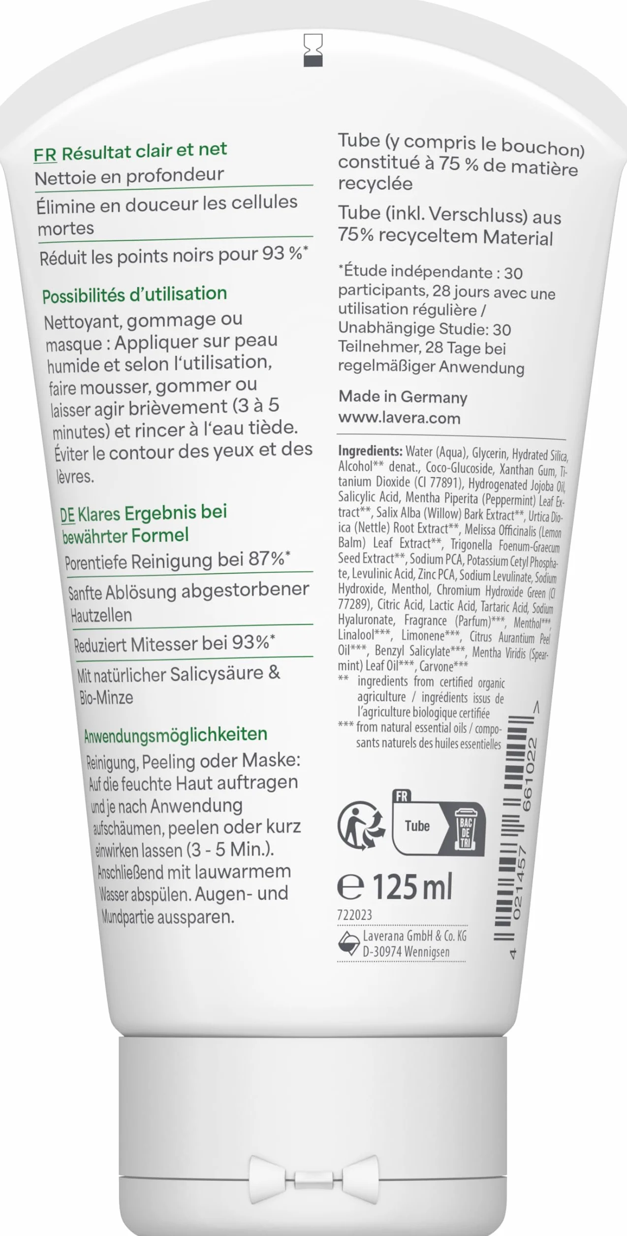lavera Pure Beauty 3en1 Nettoyant Gommage Masque 125 ml vegan