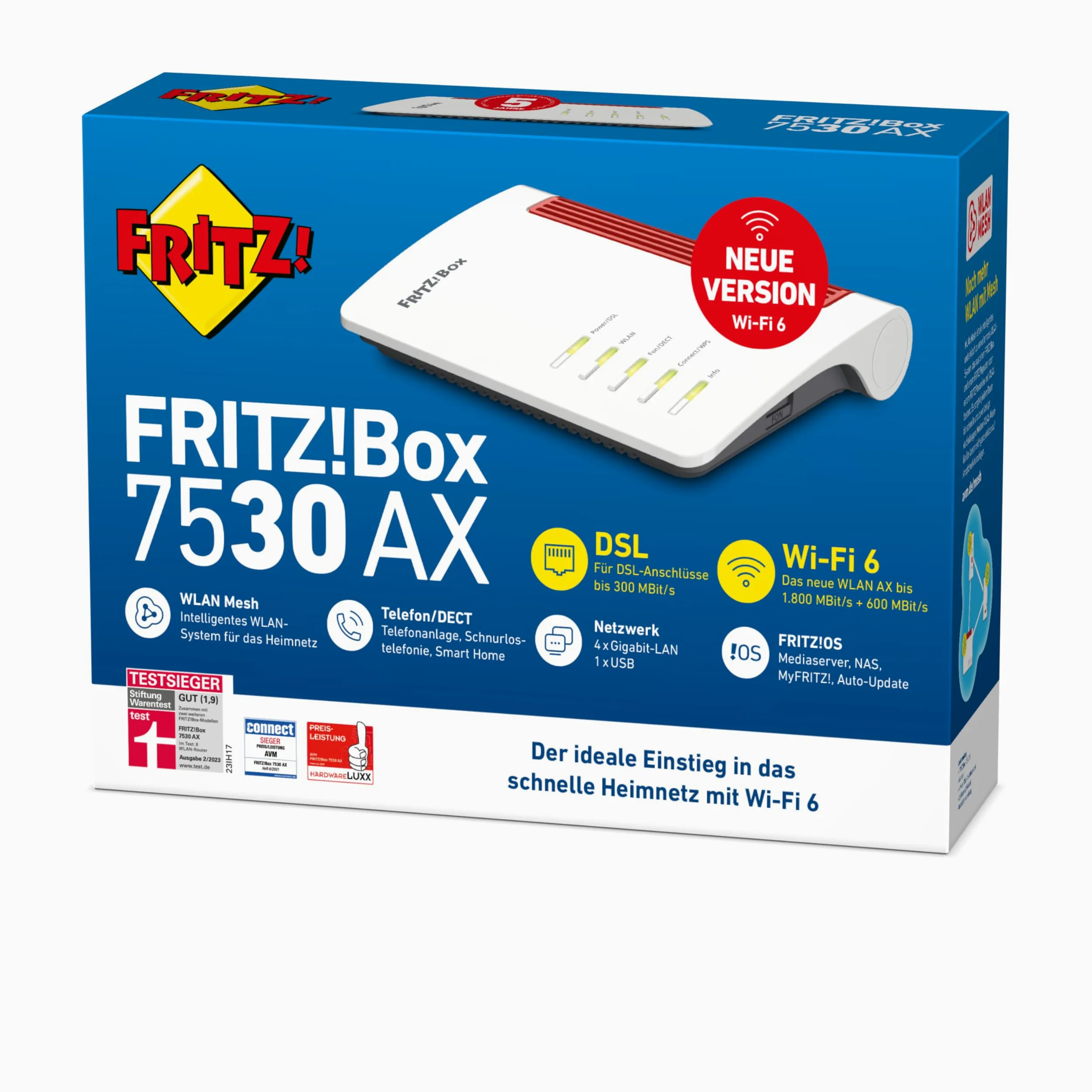 AVM FRITZBox 7530 AX Routeur Wi-Fi 6 (DSL/VDSL, 1 800 Mbit/s (5 GHz) et 600 Mbit/s (2,4 GHz), jusqu'à 300 Mbit/s avec supervectoring VDSL 35b, maille Wi-Fi, base DECT) (reconditionné)