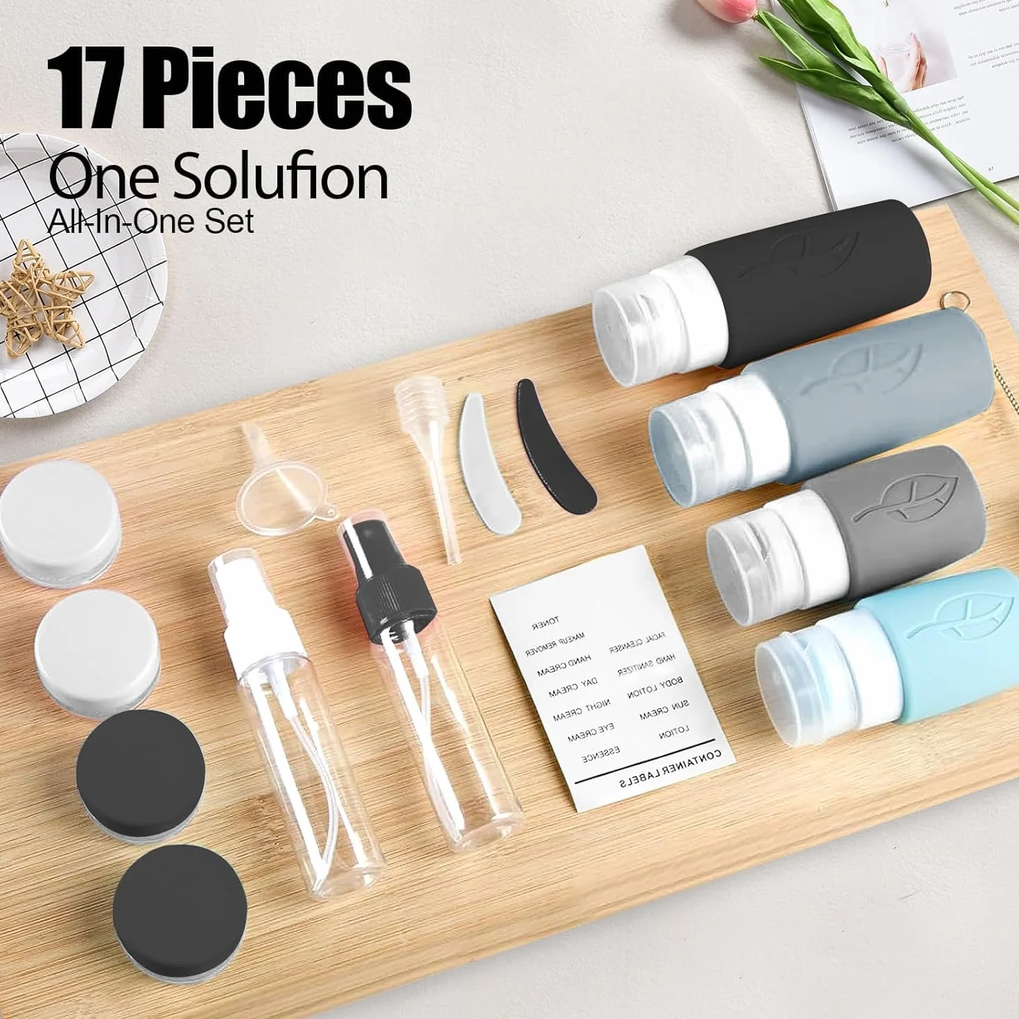 Flacons de Voyage en Silicone 17 Pièces Réutilisable Étanche Set Cosmétiques Shampoing sans BPA Noir