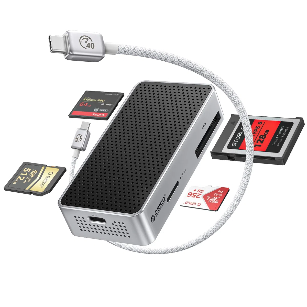 ORICO CFexpress Lecteur de carte mémoire 40 Gbps type B/A et SD/TF UHS-II avec quatre emplacements, lecteur de carte USB4 haute performance compatible avec Thunderbolt 3/4/5