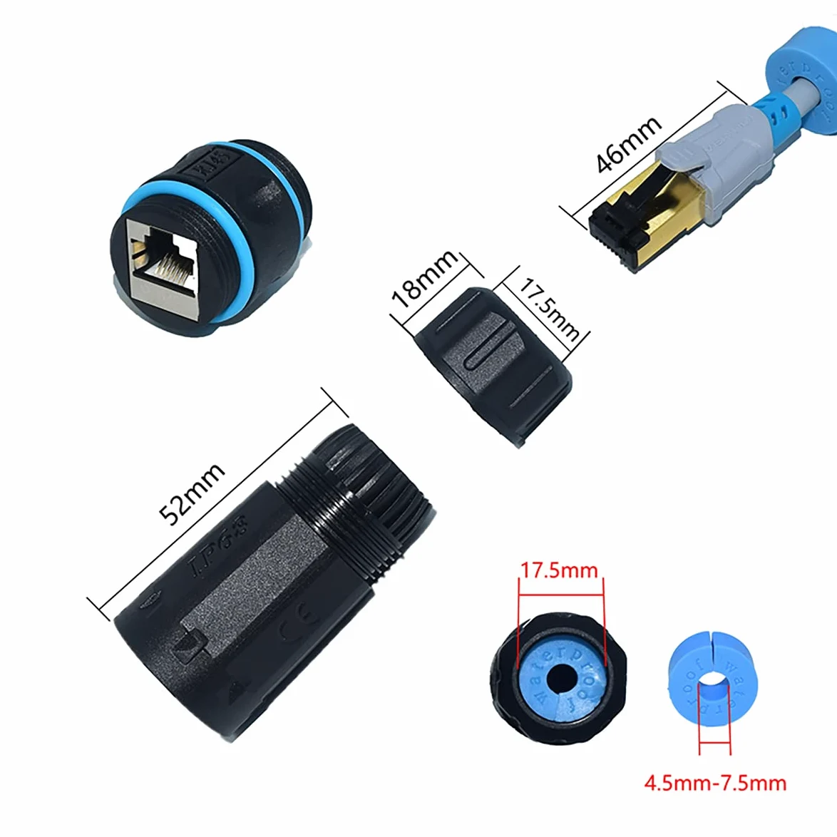 Lot de 2 coupleurs RJ45 étanches IP68, coupleur Ethernet blindé en cuivre pur, étanche IP68 pour câble Ethernet Cat5, Cat5e, Cat6, Cat7, Cat8 (Noir, lot de 2 femelles)