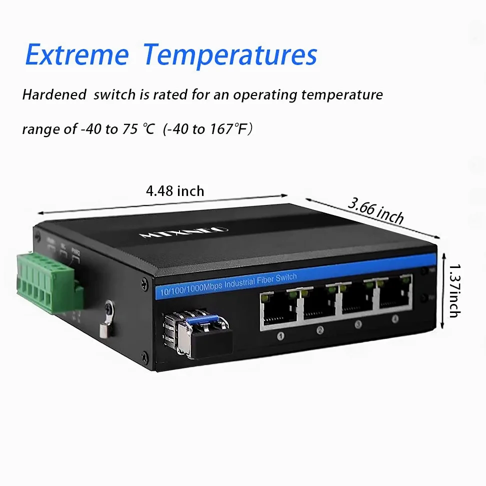 Convertisseur de Fibre Gigabit Ethernet à 5 Ports pour extérieur Dur Commutateur de réseau Industriel sur Rail DIN 100/1000Base-T vers LC Jusqu'à 20 km (avec émetteur-récepteur SFP)
