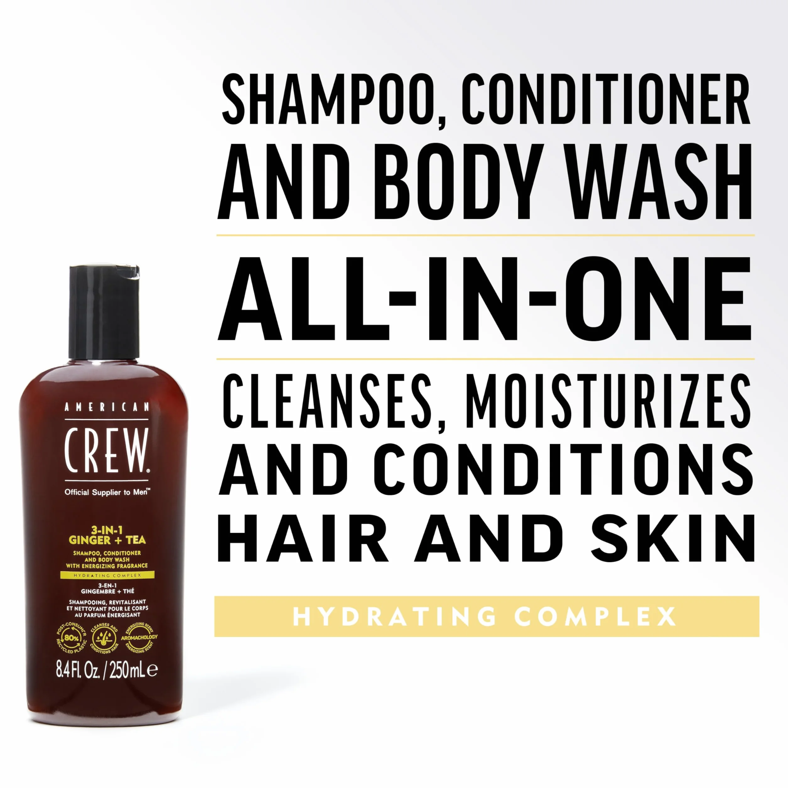 American Crew Shampoing 3 en 1 Shampooing Après-Shampoing Gel Douche Cheveux Corps 1L