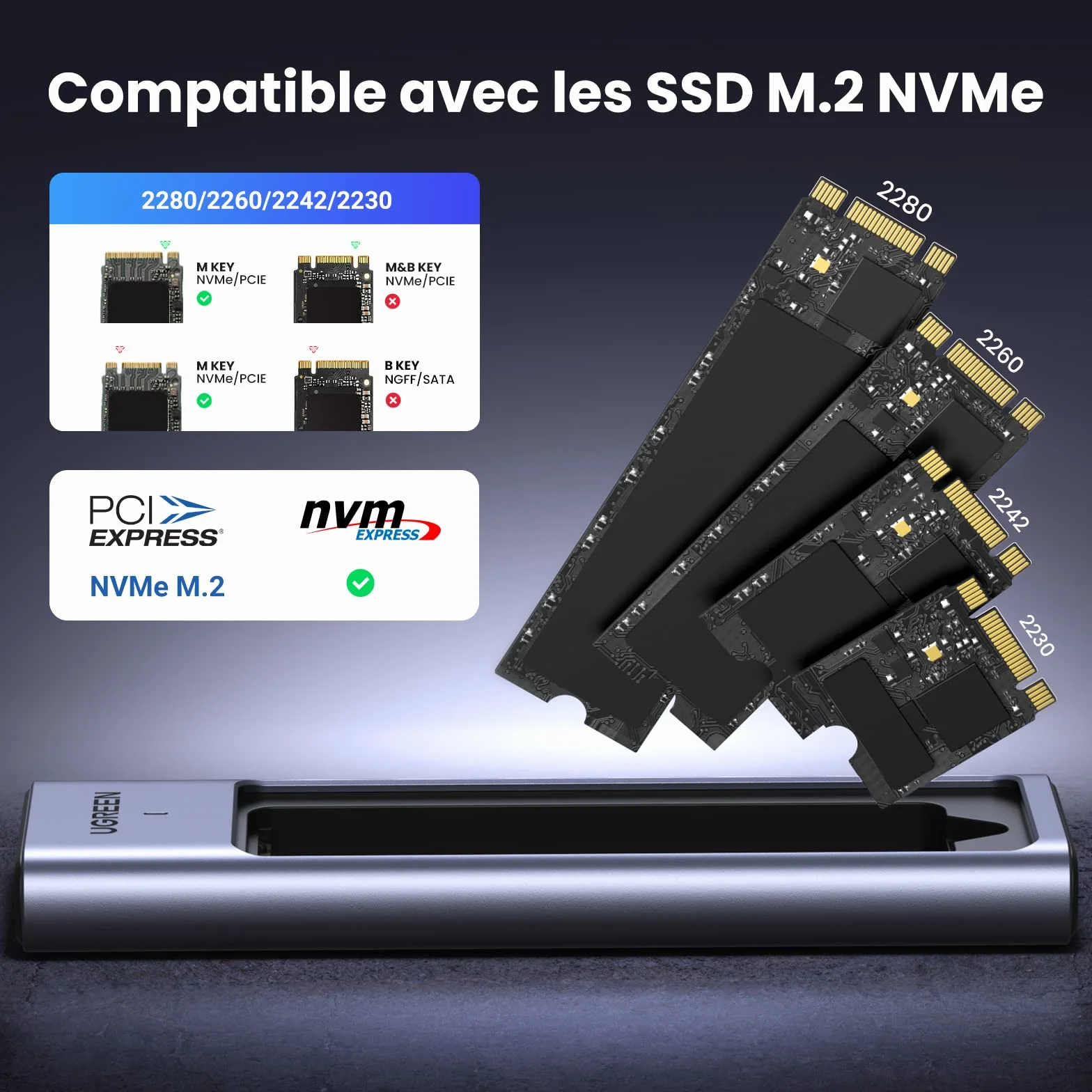UGREEN Boîtier SSD M2 NVMe USB 3.2 Gen 2 10Gbps Adaptateur Disque Dur PCIe 2230 2242 2260 2280
