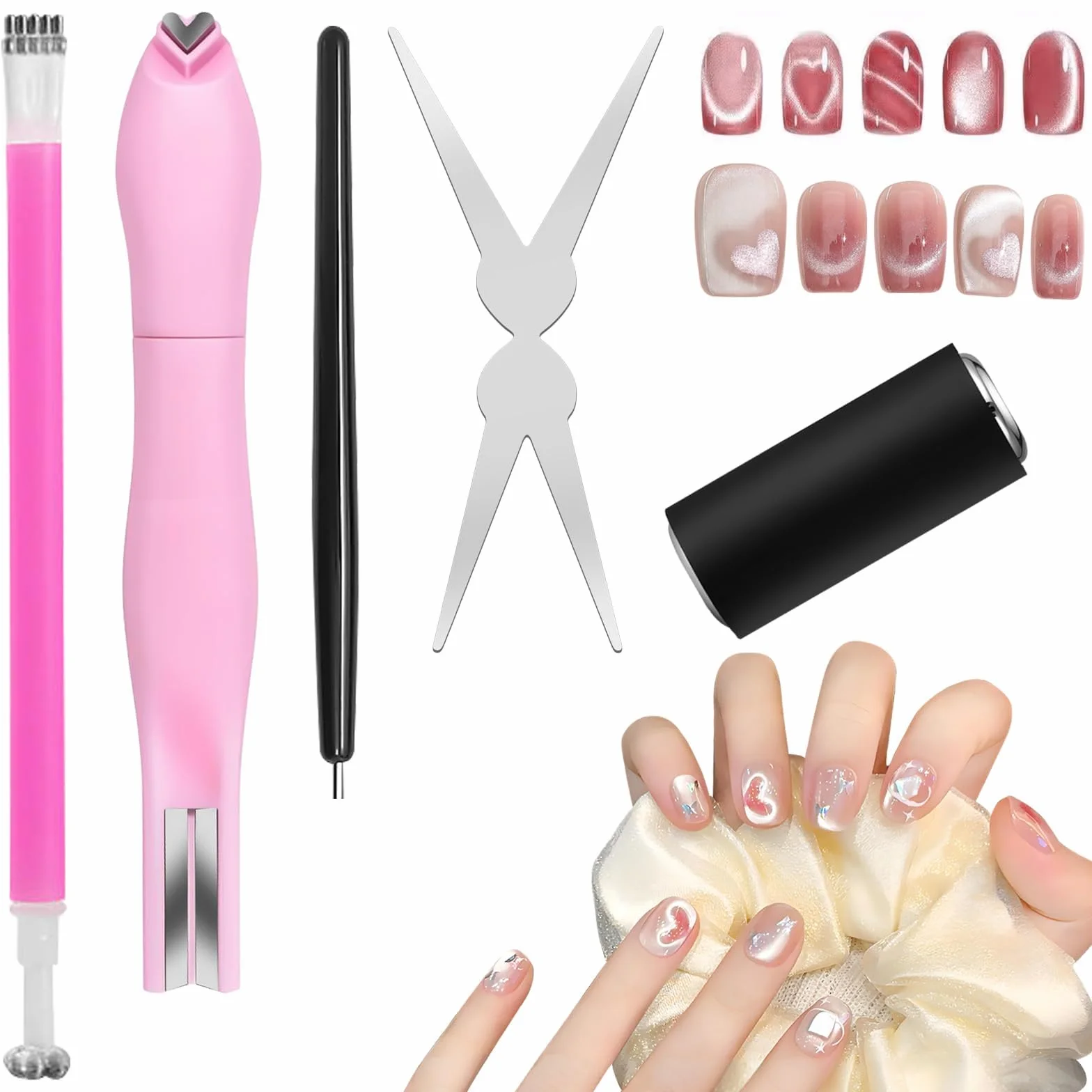 Kit de 5 aimants 3 en 1 pour vernis gel effet œil de chat, outil magnétique pour ongles, stylo magnétique double embout et guides en forme de lapin