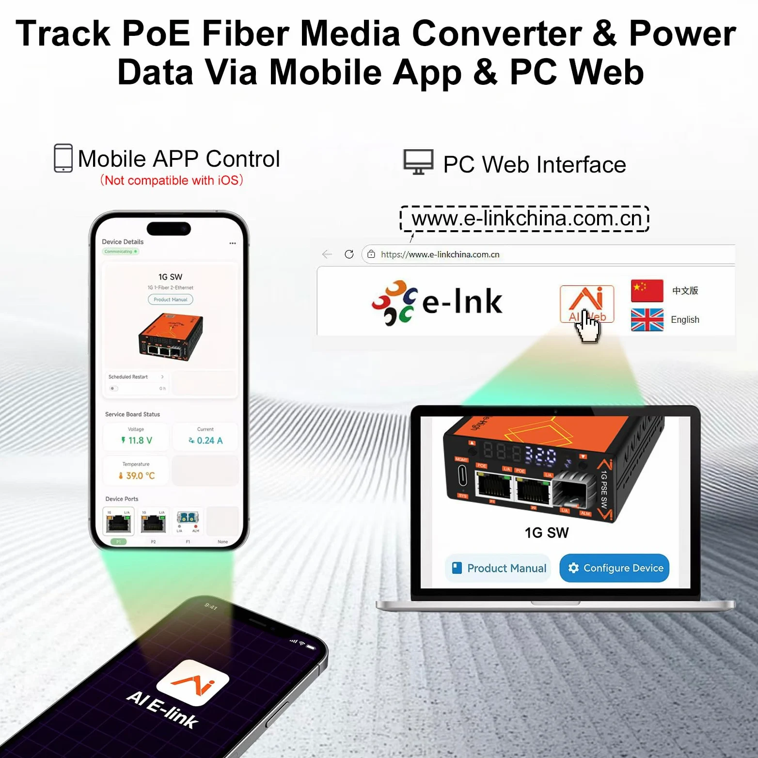 Convertisseur de média en fibre PoE 30 W géré intelligemment visualisé, 10/100/1000 Mbps, 2 × PoE RJ45 1 × SFP, écran LED, DIP VLAN, contrôle APP/Web, alarme DDM, pour autoroute, transport ferroviaire