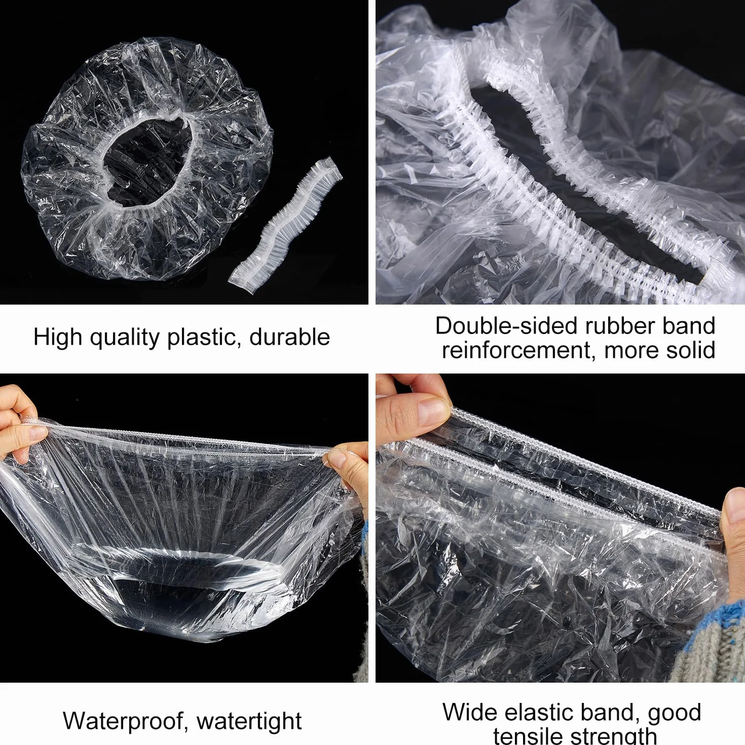 Bonnet de Douche Jetable 50 Pièces, Plastique Transparent Épais, Élastique Large 42cm pour Hôtel Spa