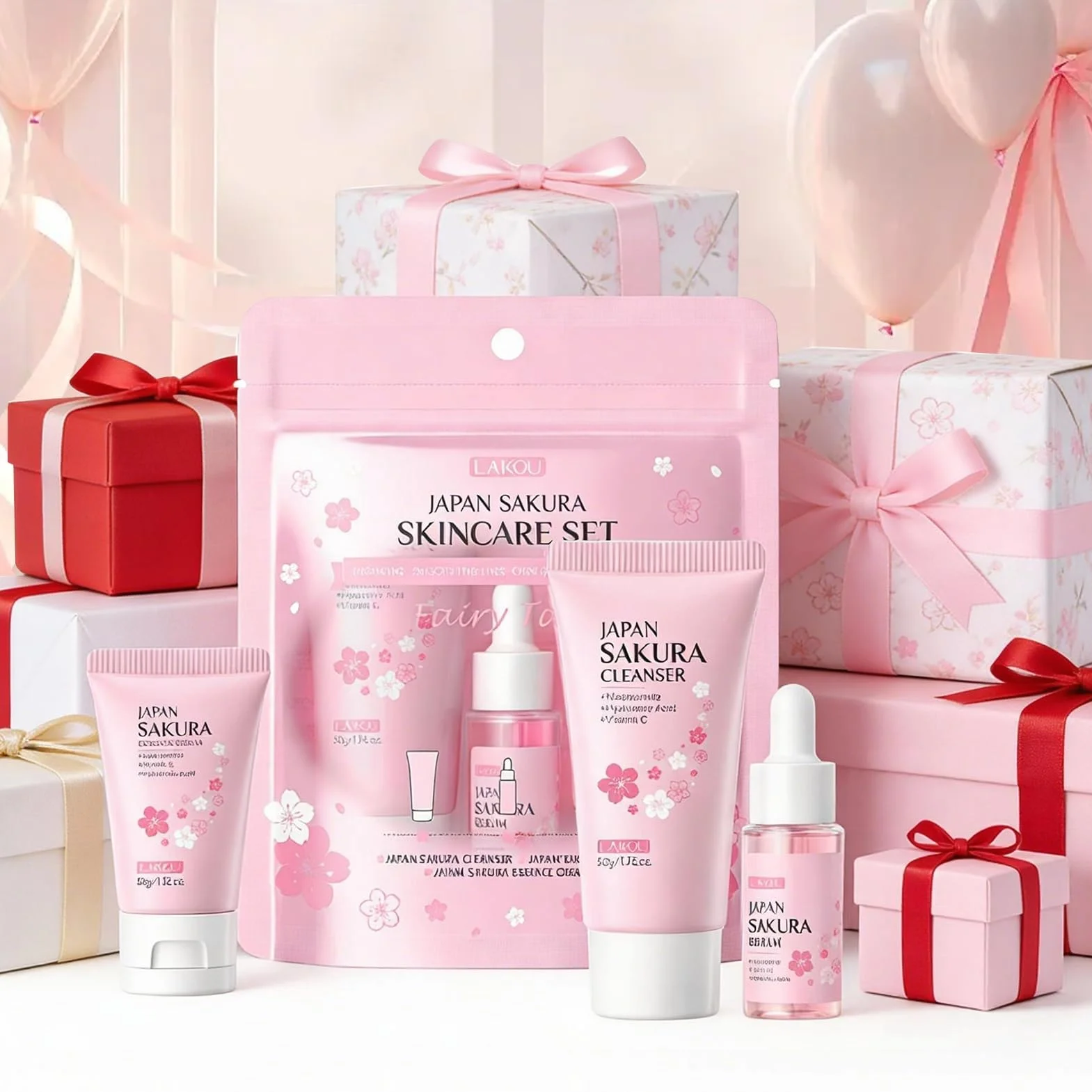 Sakura Ensemble de Soins de la Peau, Trousse de Voyage avec Crème Nettoyante, Toner, Sérum, Set Hydratant
