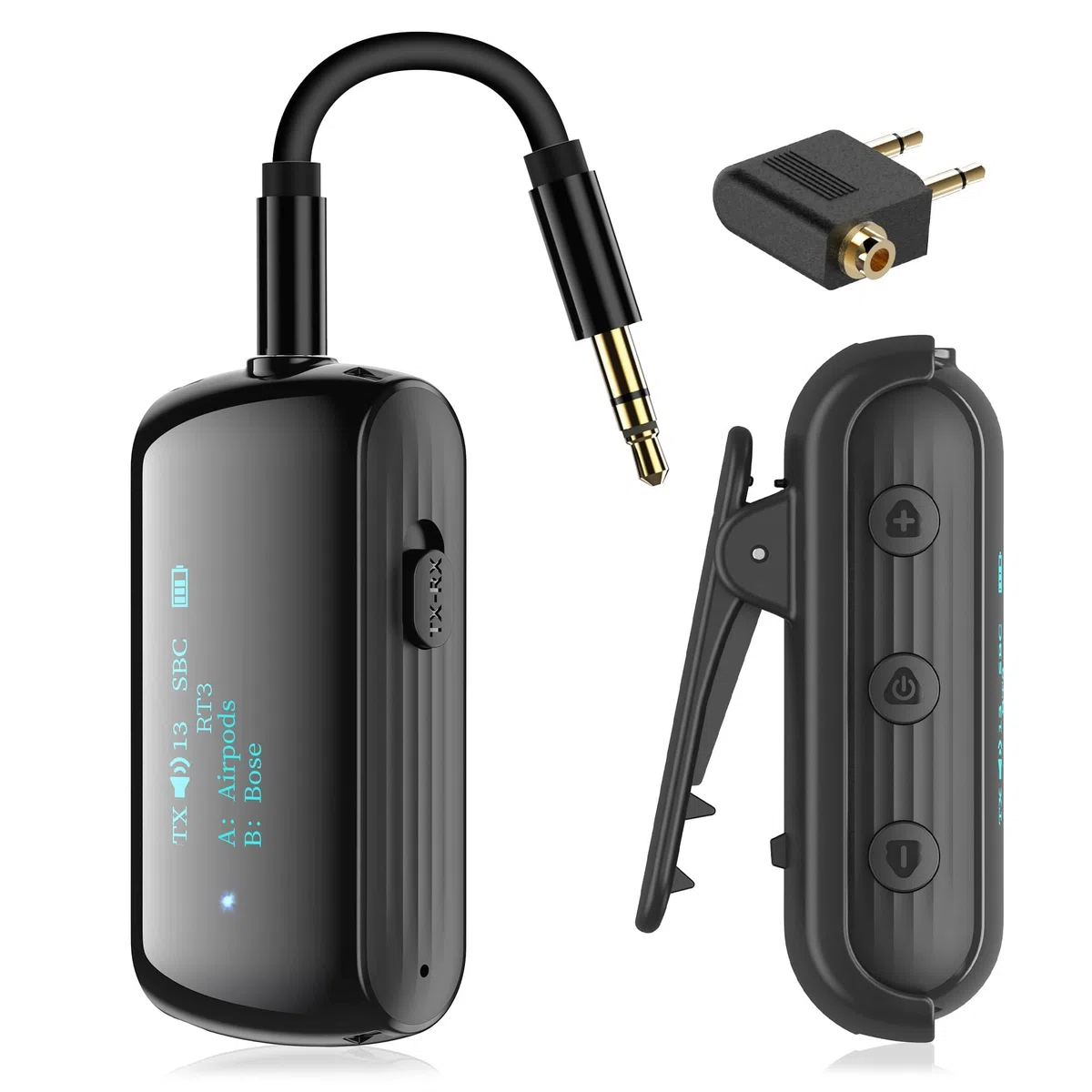Adaptateur Bluetooth 5.2 pour avion jusqu'à 2 Airpods/casque, émetteur audio Bluetooth jack 3,5 pour TV et gymnases, répartiteur sans fil pour haut-parleurs et voiture avec micro