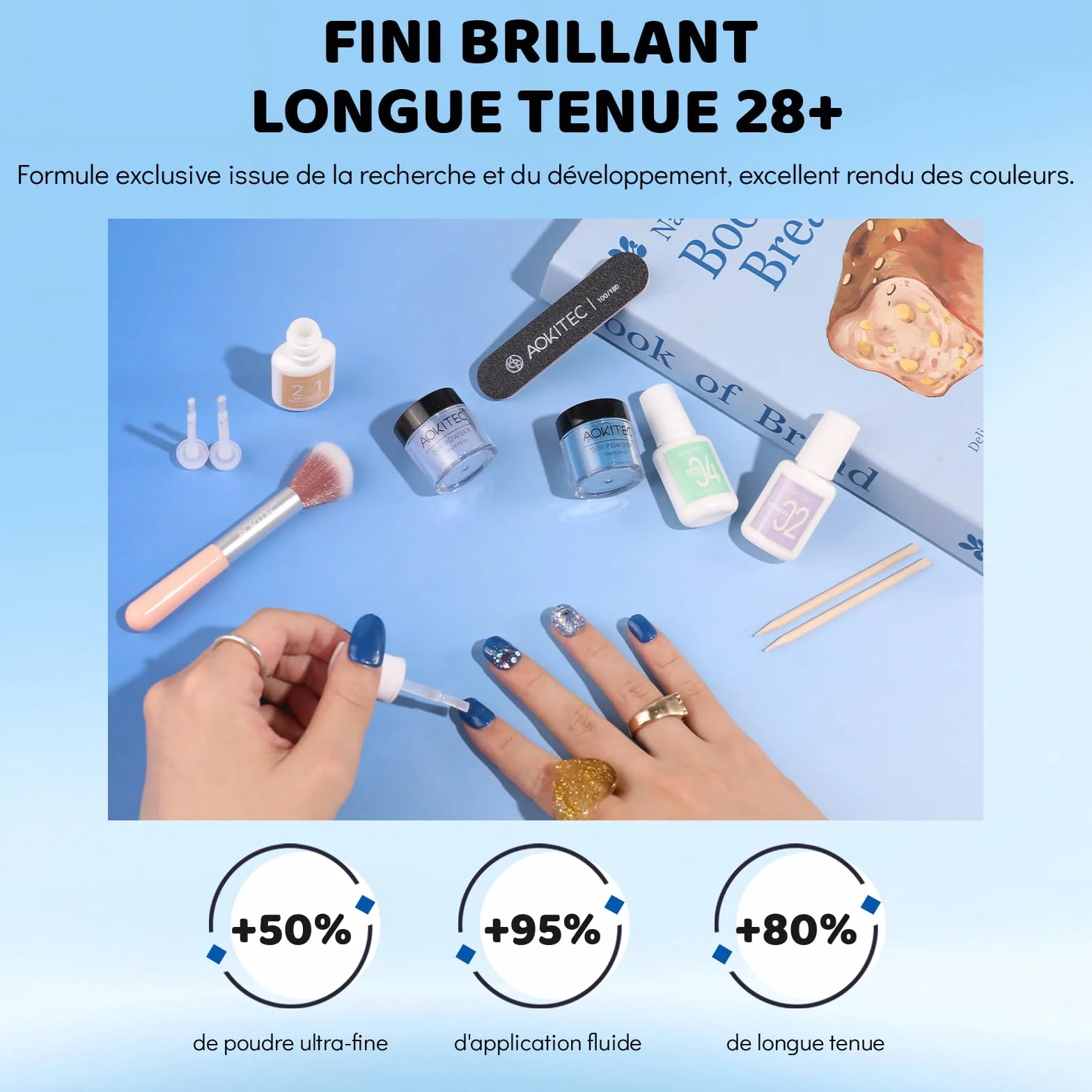 Aokitec Kit de poudre de trempage pour ongles bleue scintillante avec liquide - Nail art acrylique