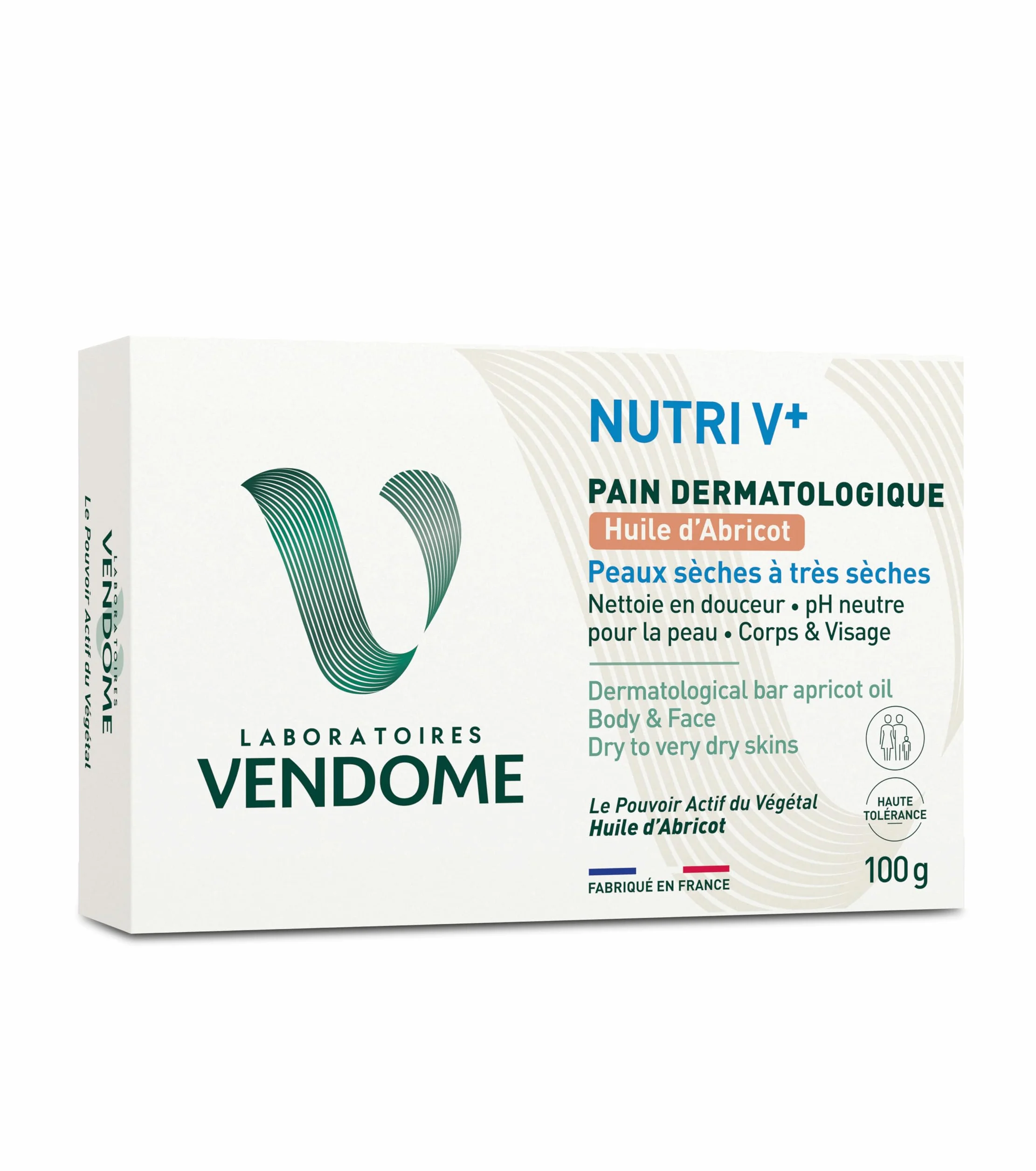 LABORATOIRES VENDÔME NUTRI V+ Pain Dermatologique Huile d'Abricot Corps & Visage 100g Peaux Sèches à Très Sèches