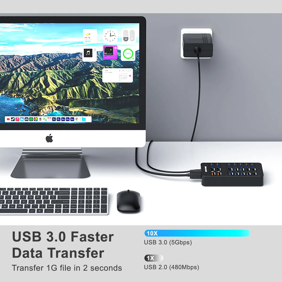 Hub USB 3.0 14 ports (6 ports USB 3.0 + 4 ports de charge rapide) avec interrupteur marche/arrêt LED indépendant, avec adaptateur d'alimentation 60 W pour Mac, PC