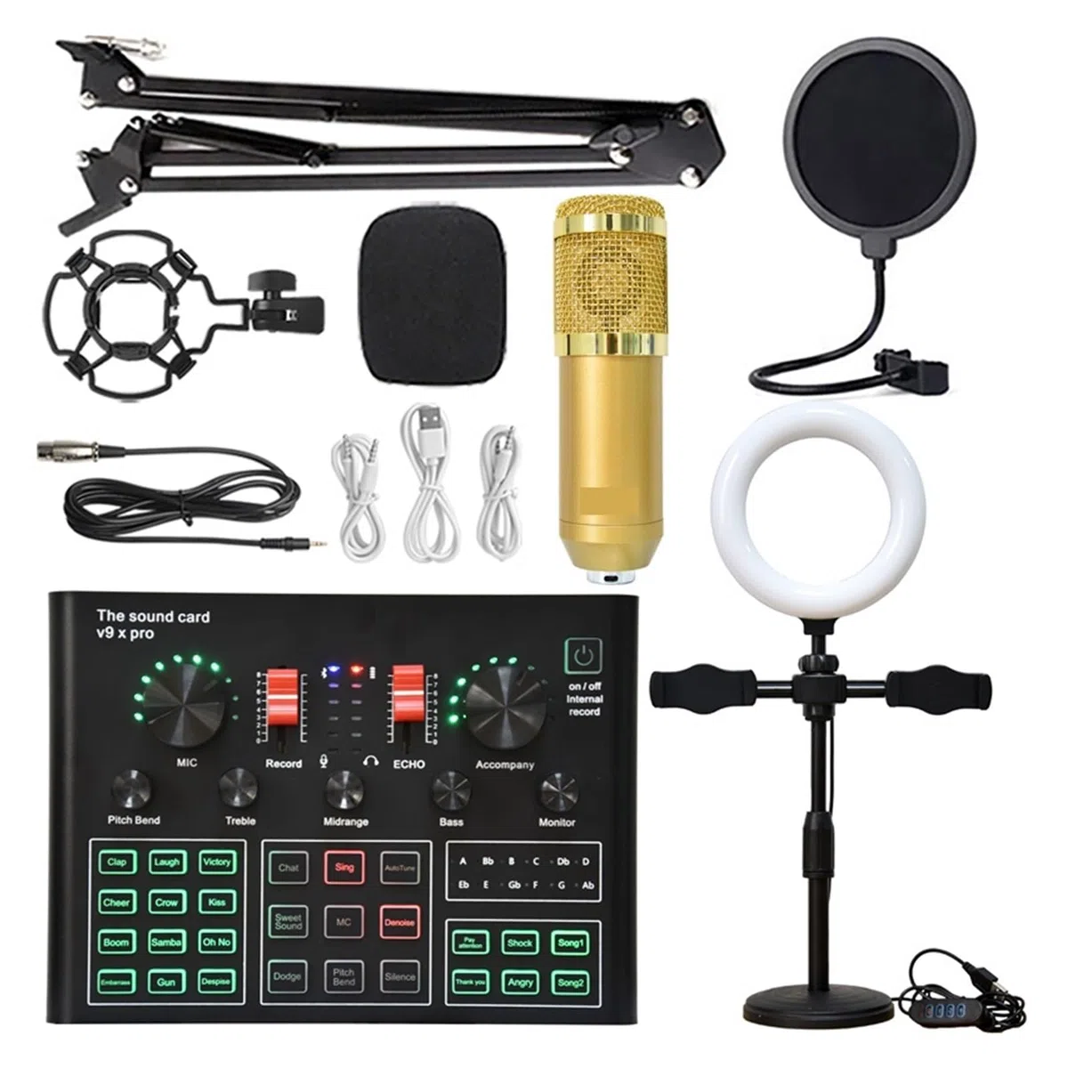 Kit de carte son professionnel à condensateur, micro, Bluetooth, sans fil, karaoké, carte son avec support en porte-à-faux, lumière de remplissage, configuration de studio pour l'enregistrement d