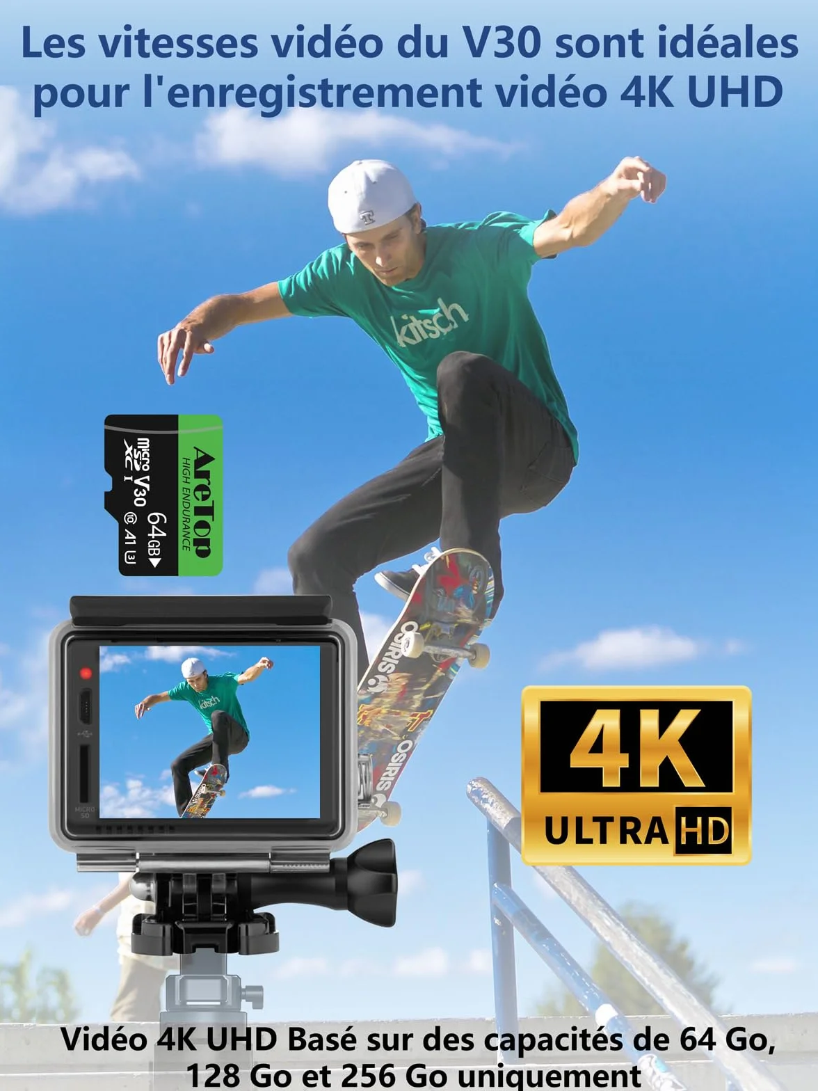 AreTop Carte Micro SD 64Go SDXC U3 V30 C10 A1 UHS-I Carte Mémoire avec Adaptateur